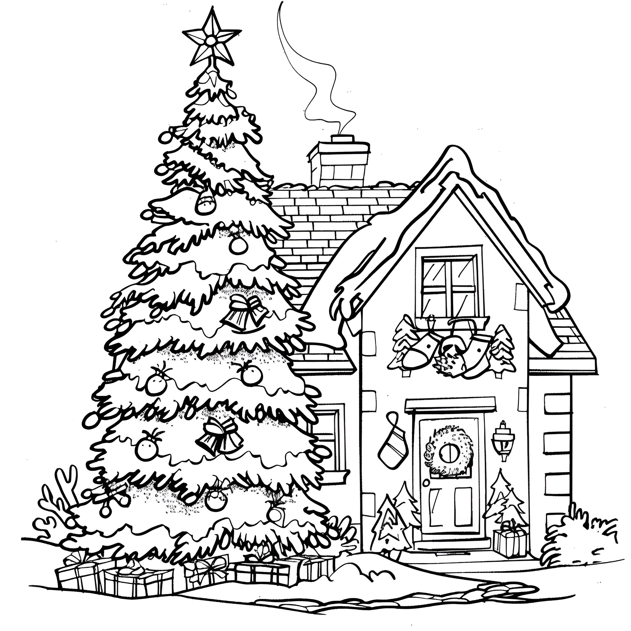 Christmas Tree adorned with ornaments outside cozy home Coloring Page (free black-and-white line drawing printable PDF for all, from beginners to advanced learners, including children, teens, adults, and seniors)