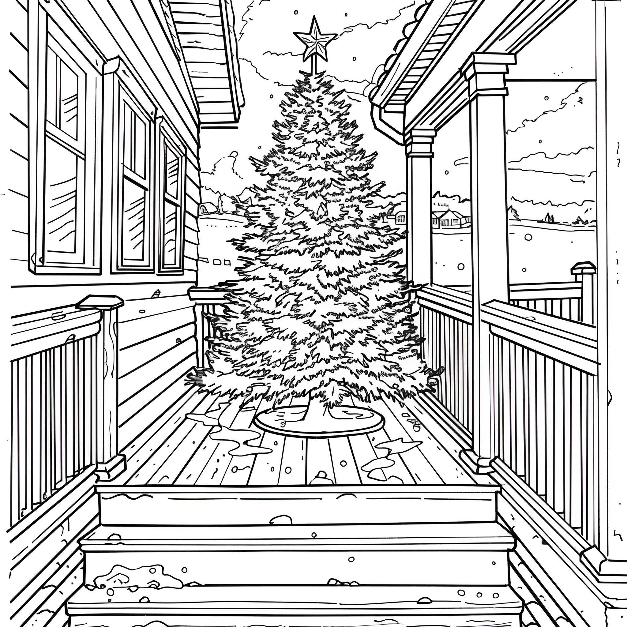Christmas Tree on porch with winter landscape Coloring Page (free black-and-white line drawing printable PDF for all, from beginners to advanced learners, including children, teens, adults, and seniors)
