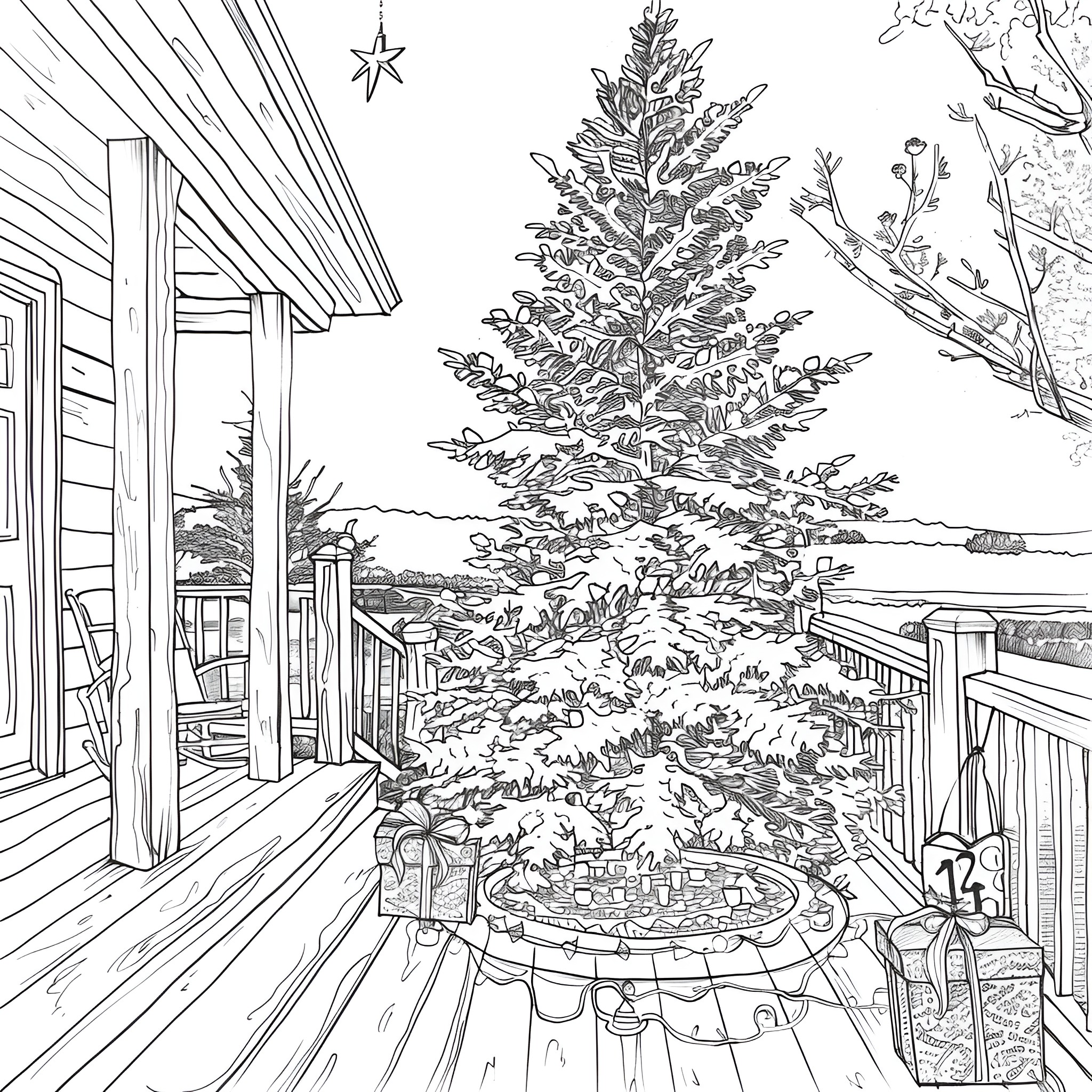 Christmas Tree in Snowy Cabin Backyard Coloring Page (free black-and-white line drawing printable PDF for all, from beginners to advanced learners, including children, teens, adults, and seniors)