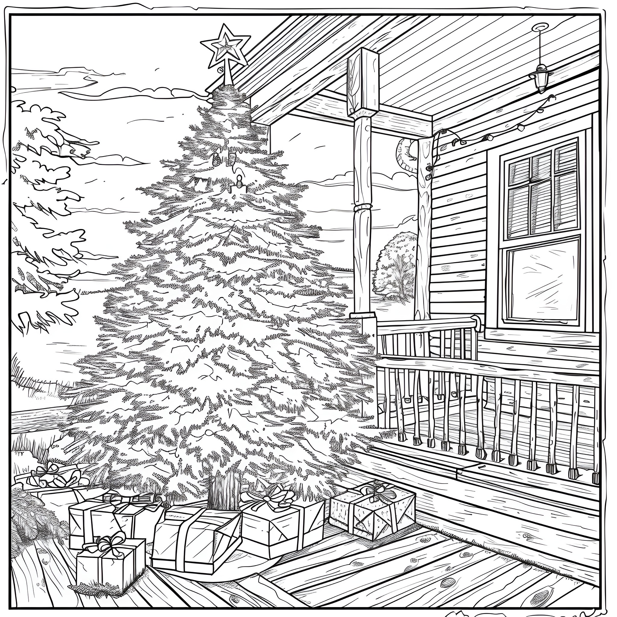 Christmas Tree in Cozy Winter Scene Coloring Page (free black-and-white line drawing printable PDF for all, from beginners to advanced learners, including children, teens, adults, and seniors)