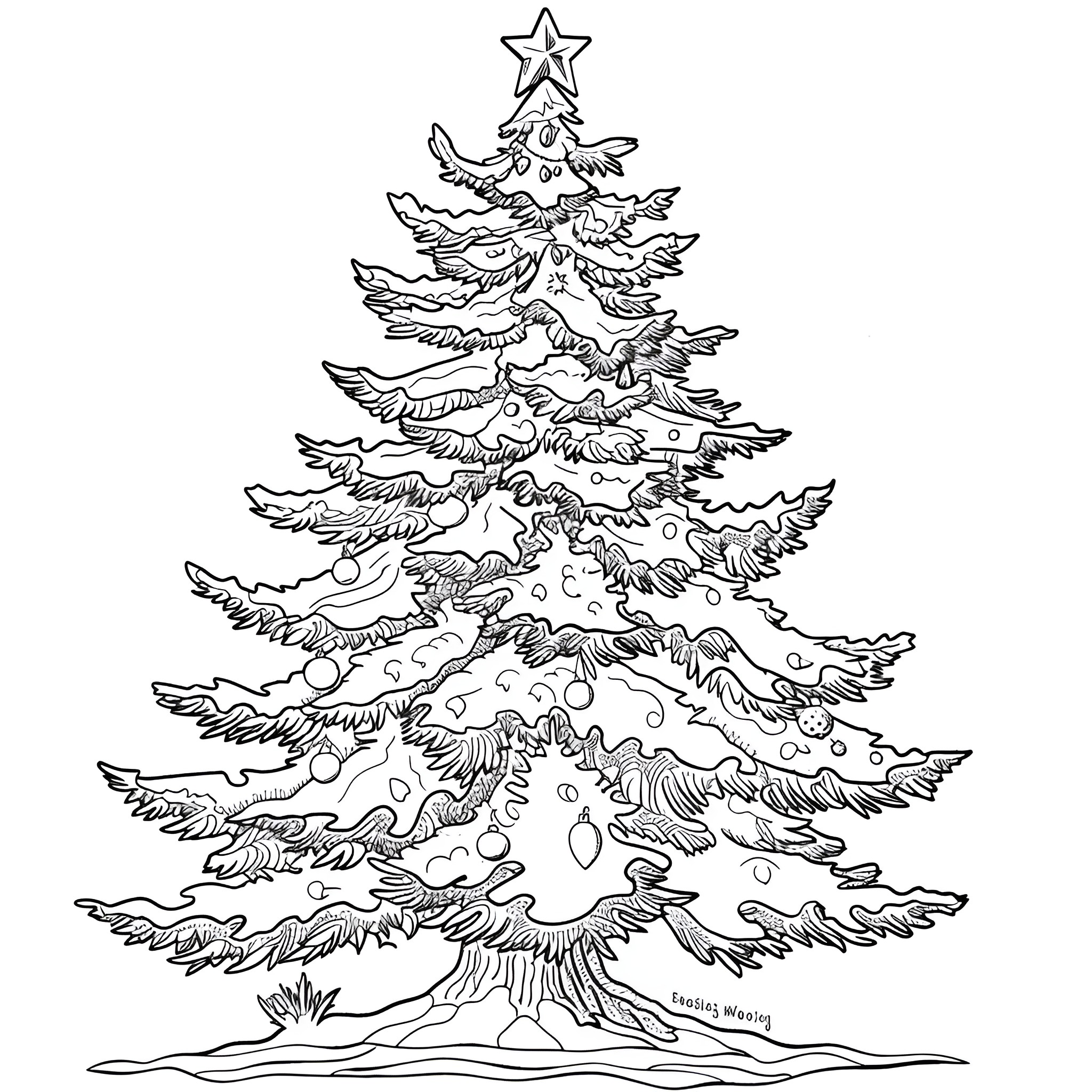 Christmas Tree with Ornaments and Star Coloring Page (free black-and-white line drawing printable PDF for all, from beginners to advanced learners, including children, teens, adults, and seniors)