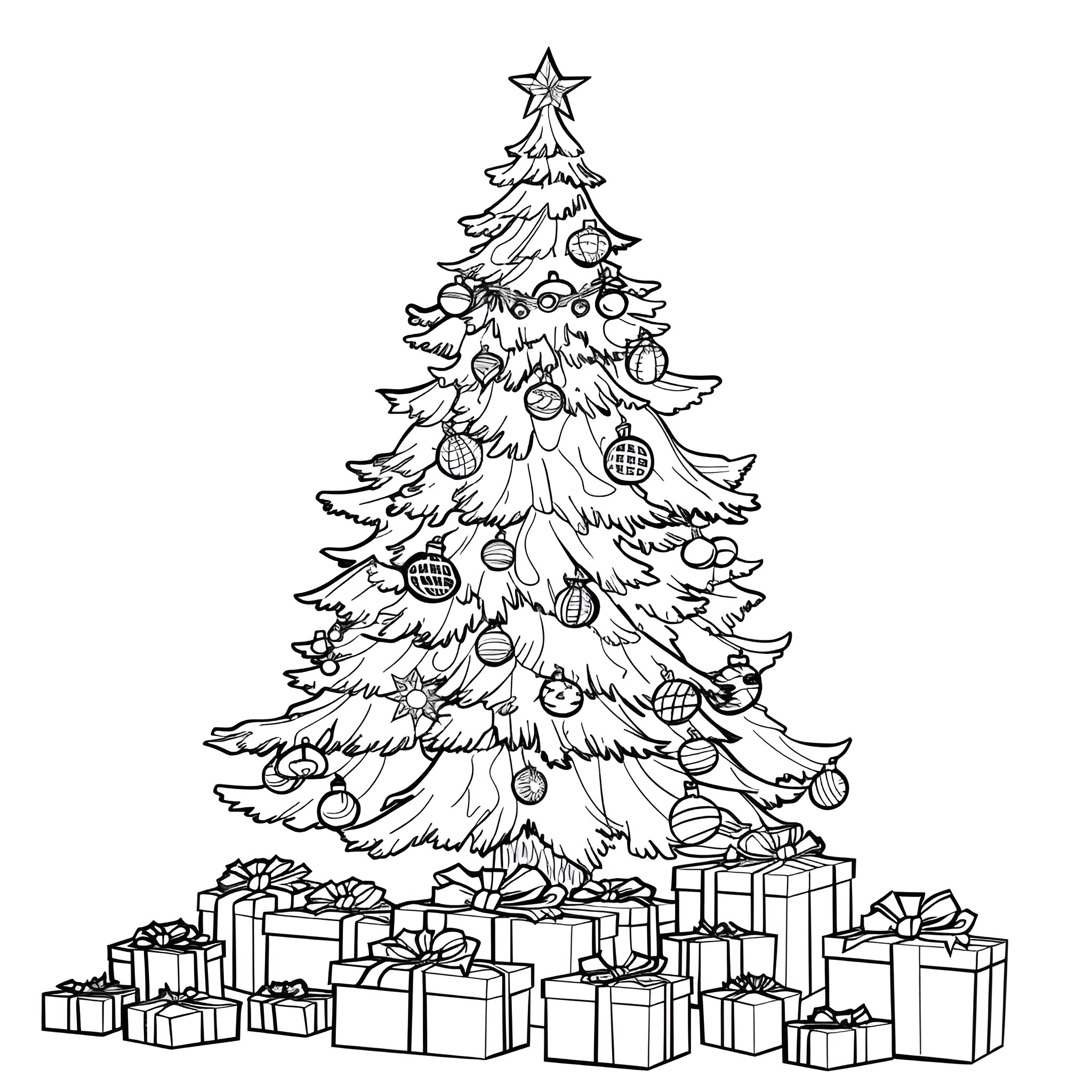 Christmas Tree with Ornaments and Presents Coloring Page (free black-and-white line drawing printable PDF for all, from beginners to advanced learners, including children, teens, adults, and seniors)