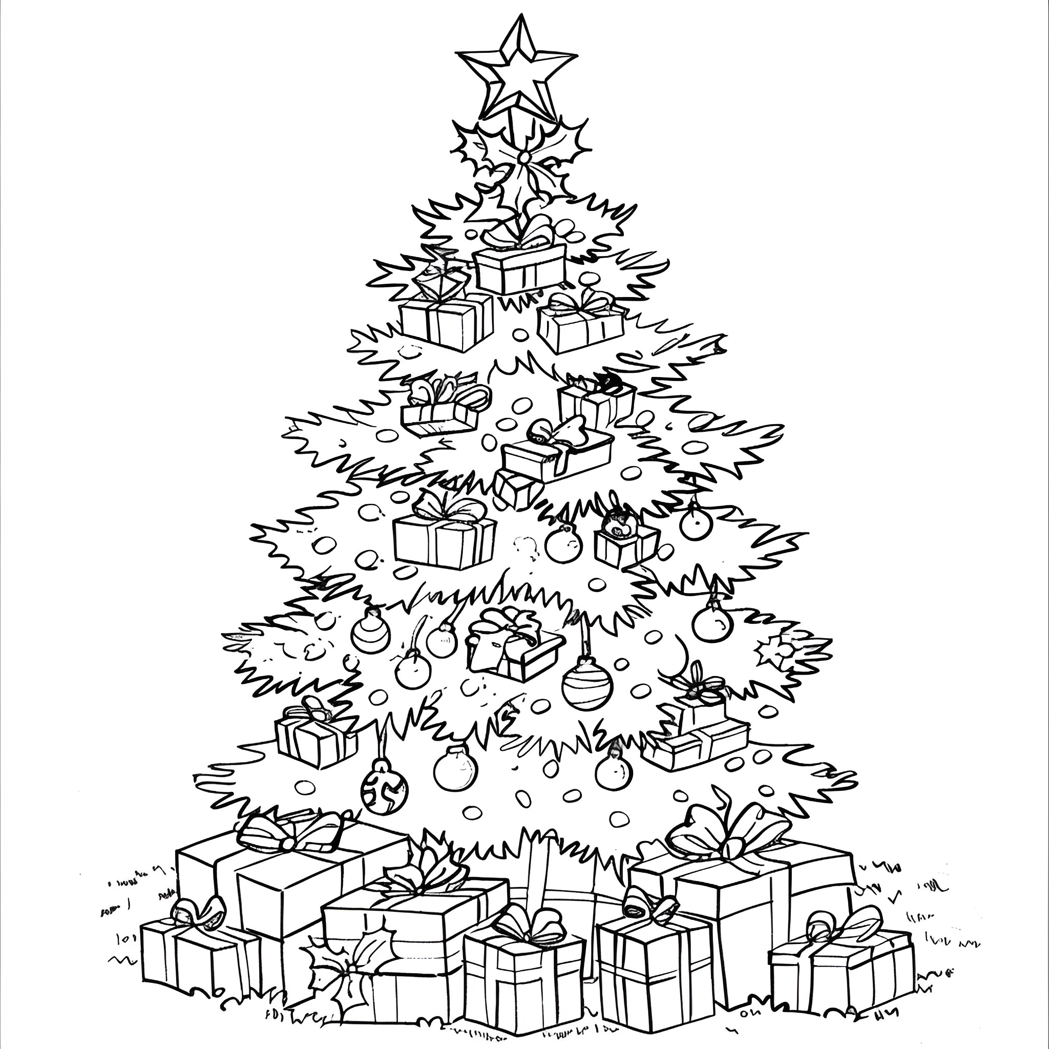 Christmas Tree with Festive Gifts and Decorations Coloring Page (free black-and-white line drawing printable PDF for all, from beginners to advanced learners, including children, teens, adults, and seniors)