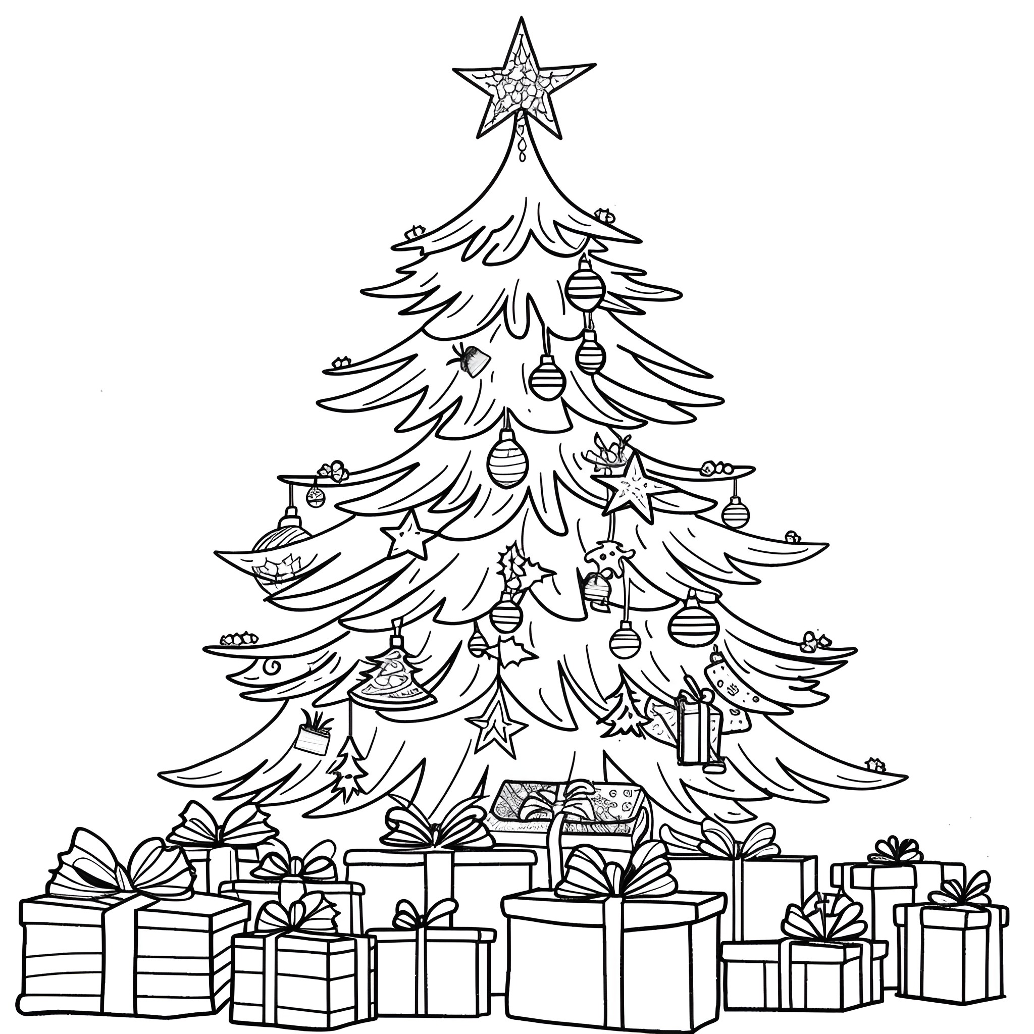 Christmas Tree with Ornaments and Presents Coloring Page (free black-and-white line drawing printable PDF for all, from beginners to advanced learners, including children, teens, adults, and seniors)