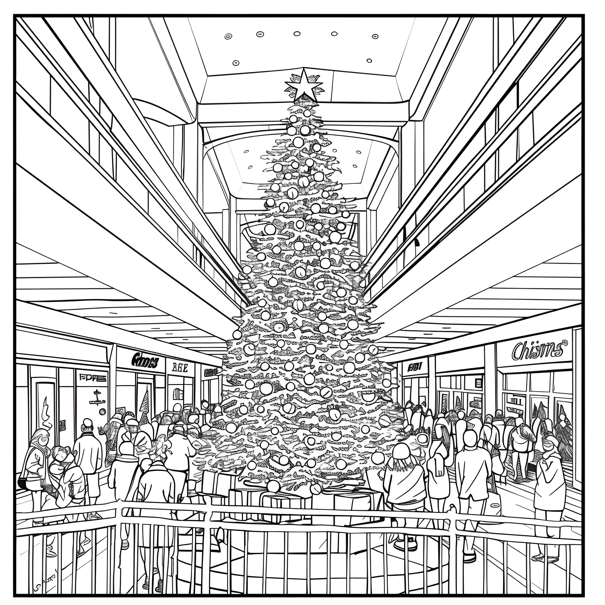 Christmas Tree Lighting in Crowded Shopping Center Coloring Page (free black-and-white line drawing printable PDF for all, from beginners to advanced learners, including children, teens, adults, and seniors)