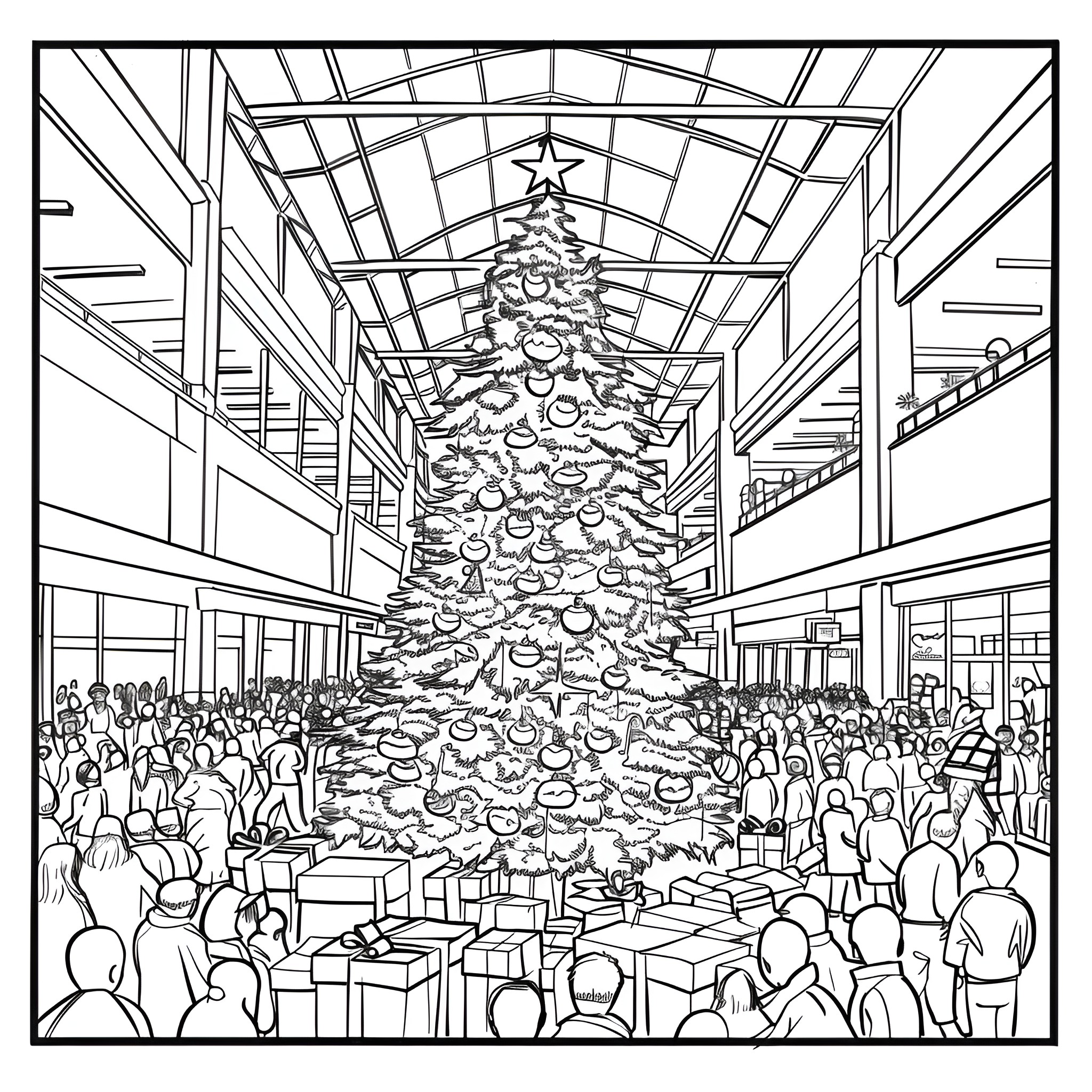 Christmas Tree in grand shopping mall Coloring Page (free black-and-white line drawing printable PDF for all, from beginners to advanced learners, including children, teens, adults, and seniors)