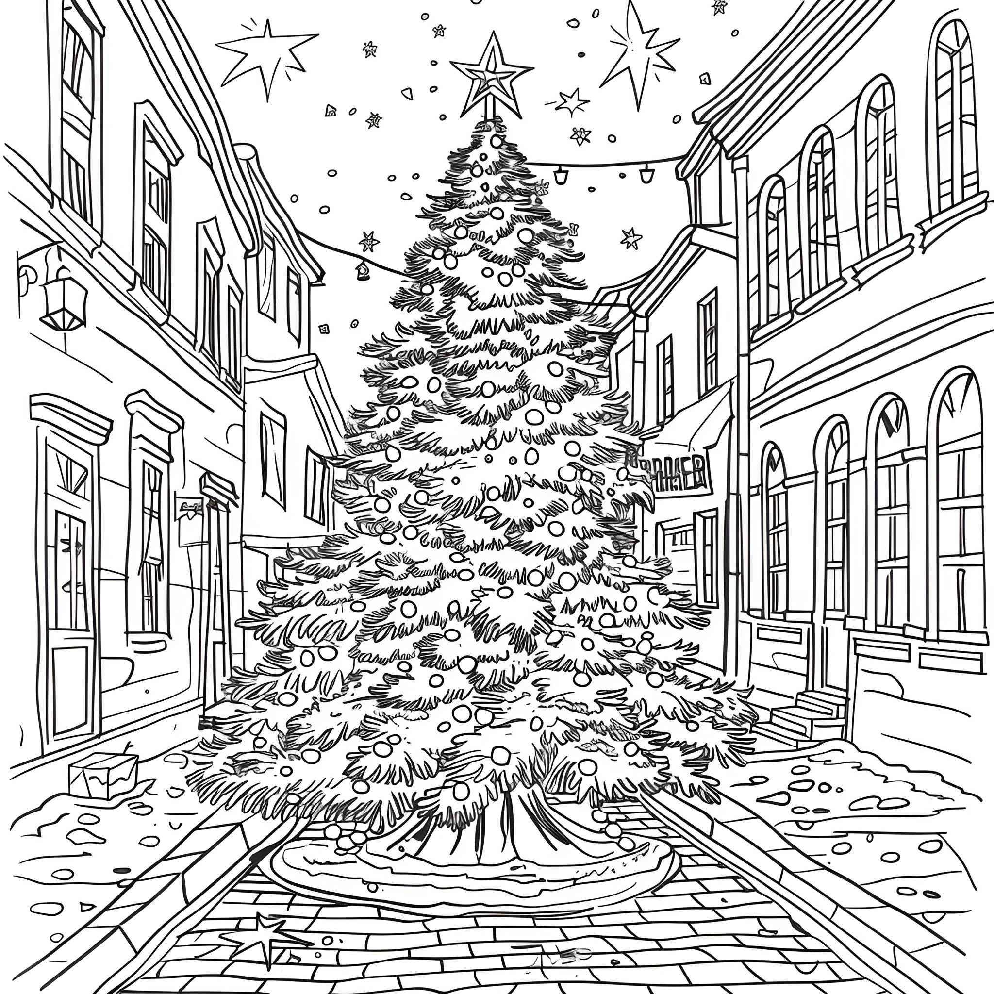 Christmas Tree adorned in a snowy city street Coloring Page (free black-and-white line drawing printable PDF for all, from beginners to advanced learners, including children, teens, adults, and seniors)