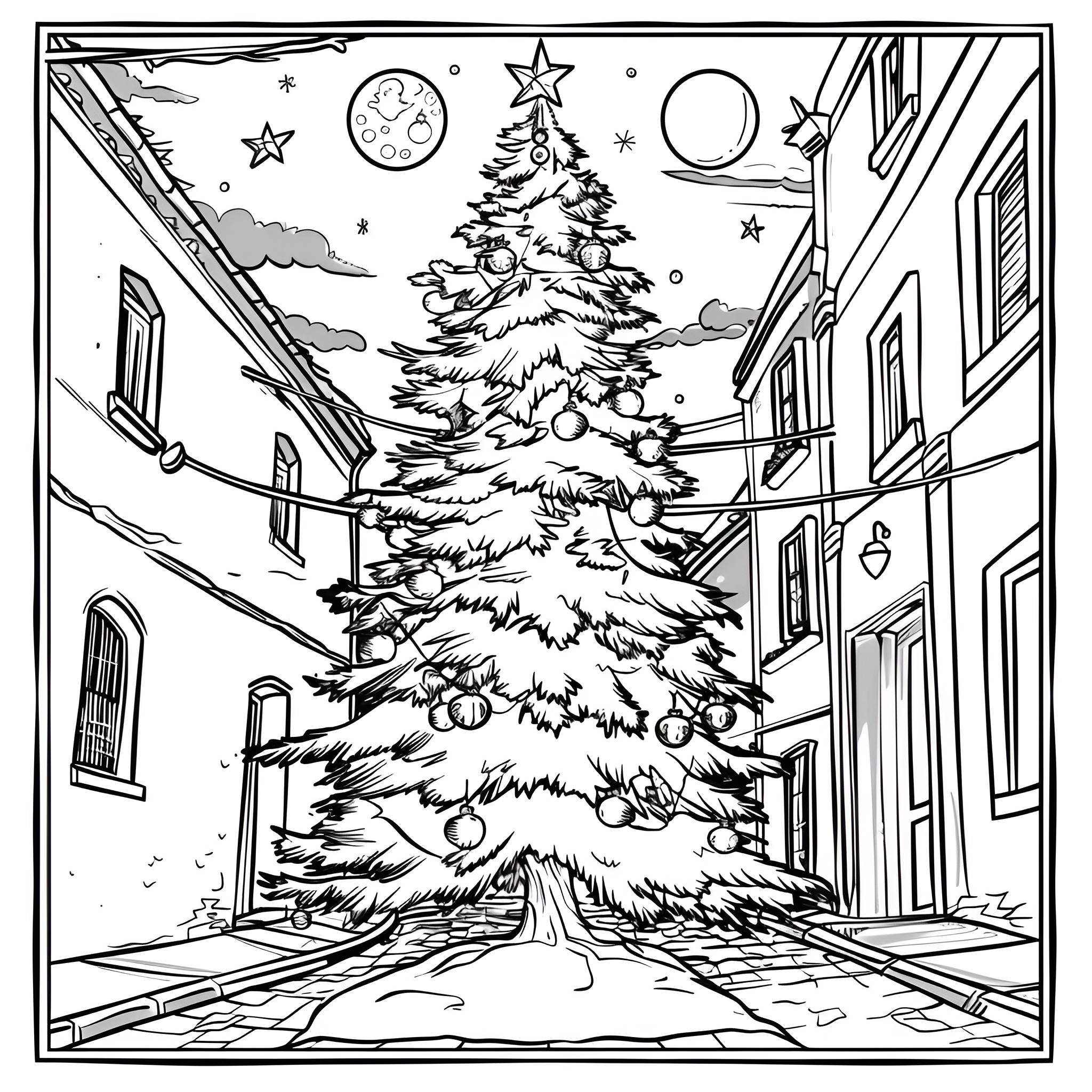 Christmas Tree in Winter Wonderland Coloring Page (free black-and-white line drawing printable PDF for all, from beginners to advanced learners, including children, teens, adults, and seniors)