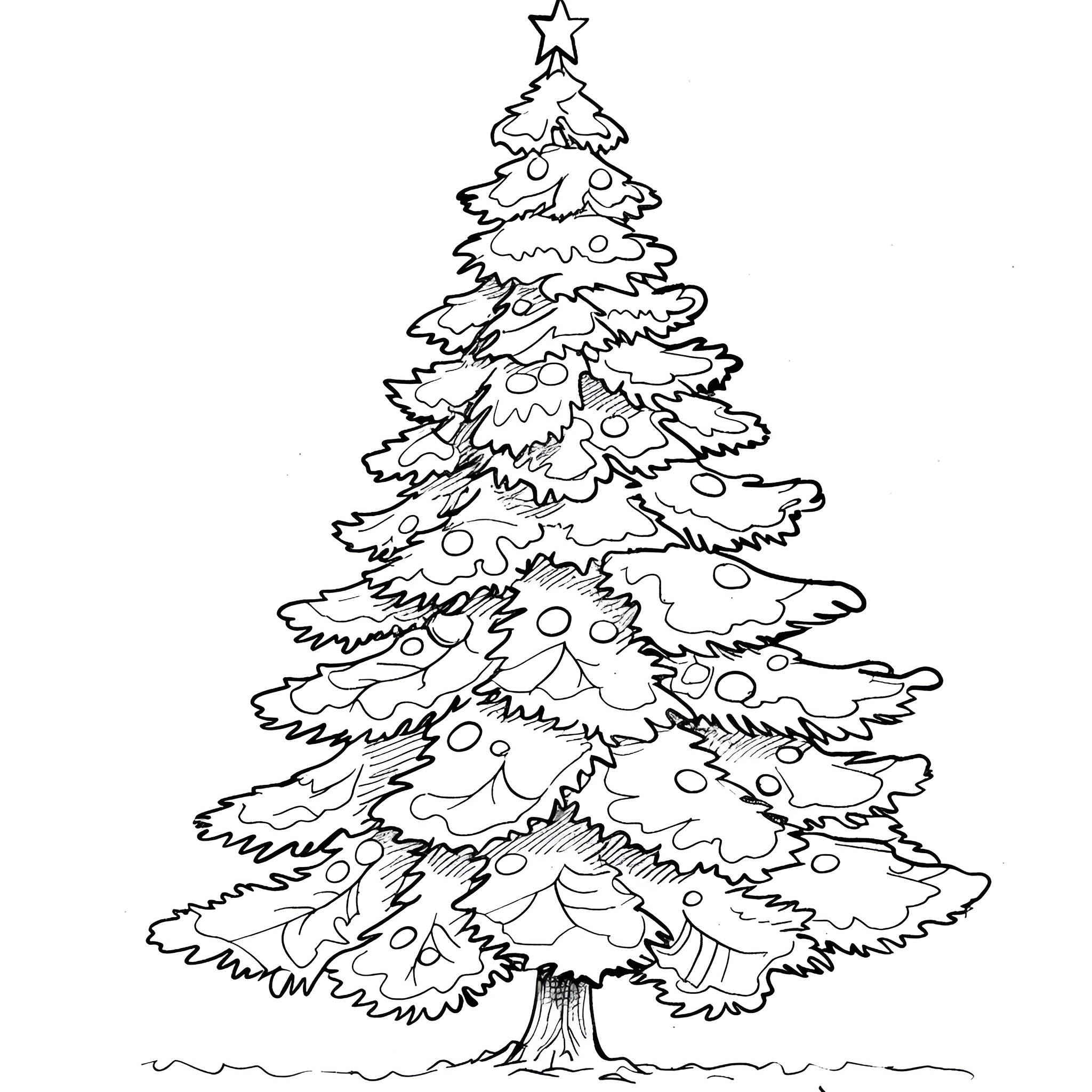 Christmas Tree with Decorations and Star Coloring Page (free black-and-white line drawing printable PDF for all, from beginners to advanced learners, including children, teens, adults, and seniors)
