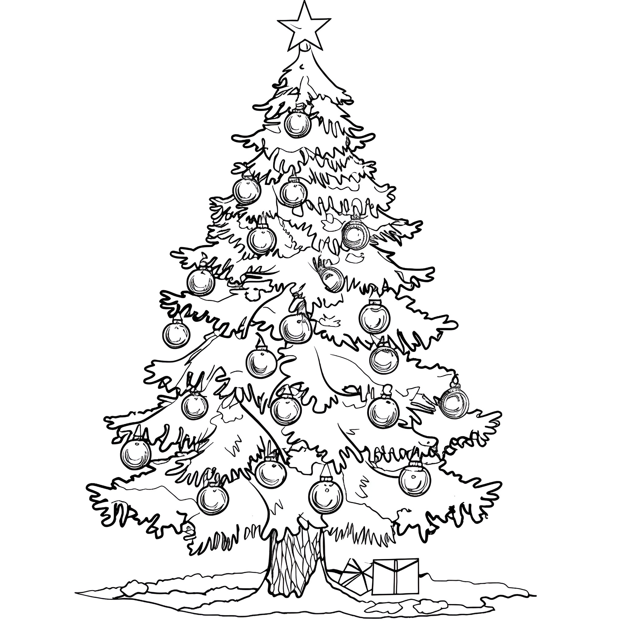 Christmas Tree with Ornaments and Gifts Coloring Page (free black-and-white line drawing printable PDF for all, from beginners to advanced learners, including children, teens, adults, and seniors)