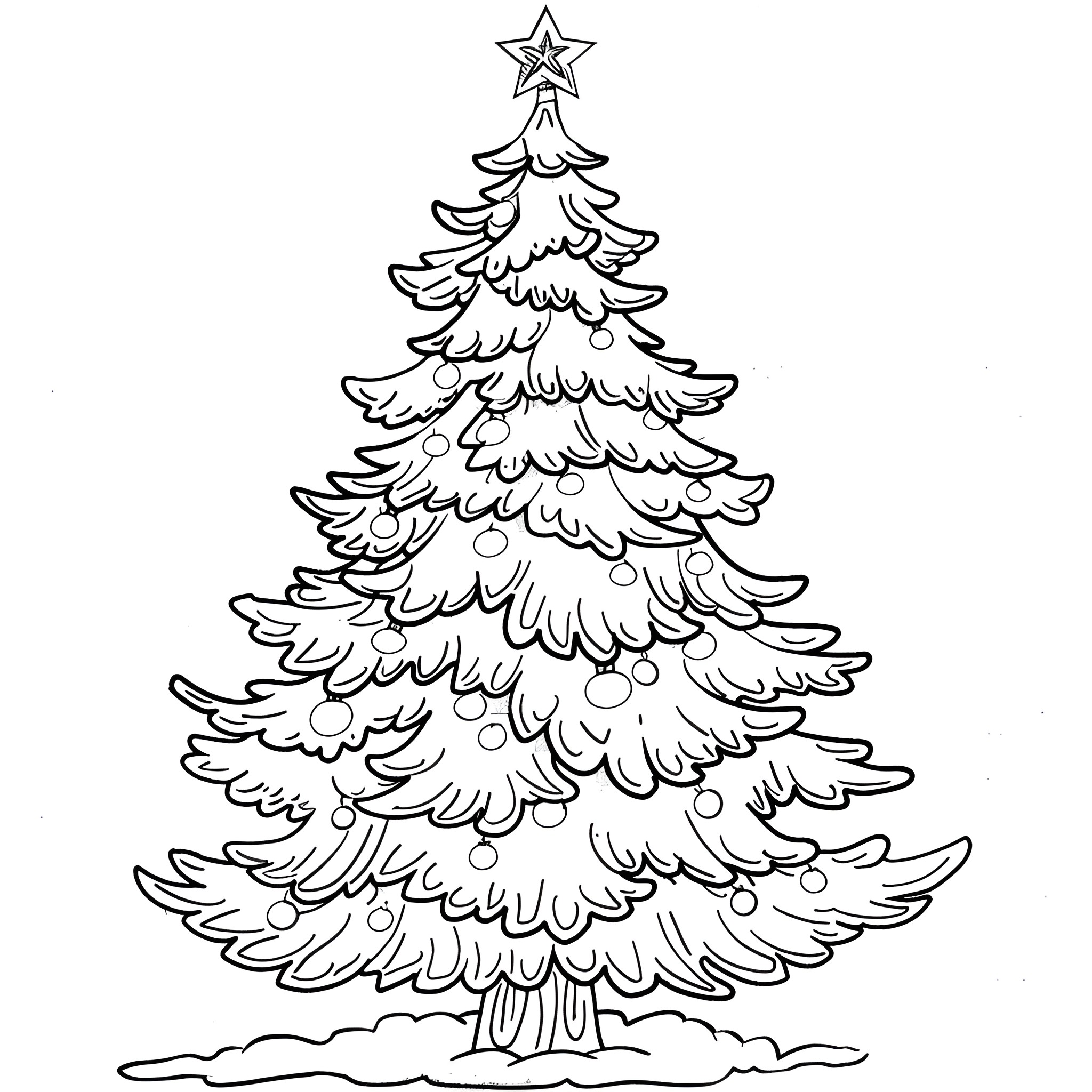 Christmas Tree with star and ornaments Coloring Page (free black-and-white line drawing printable PDF for all, from beginners to advanced learners, including children, teens, adults, and seniors)