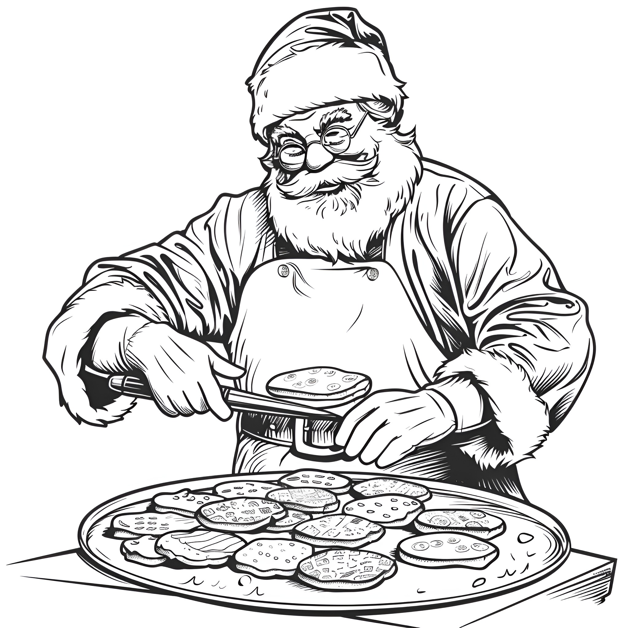Santa Claus preparing Christmas treats Coloring Page (free black-and-white line drawing printable PDF for all, from beginners to advanced learners, including children, teens, adults, and seniors)