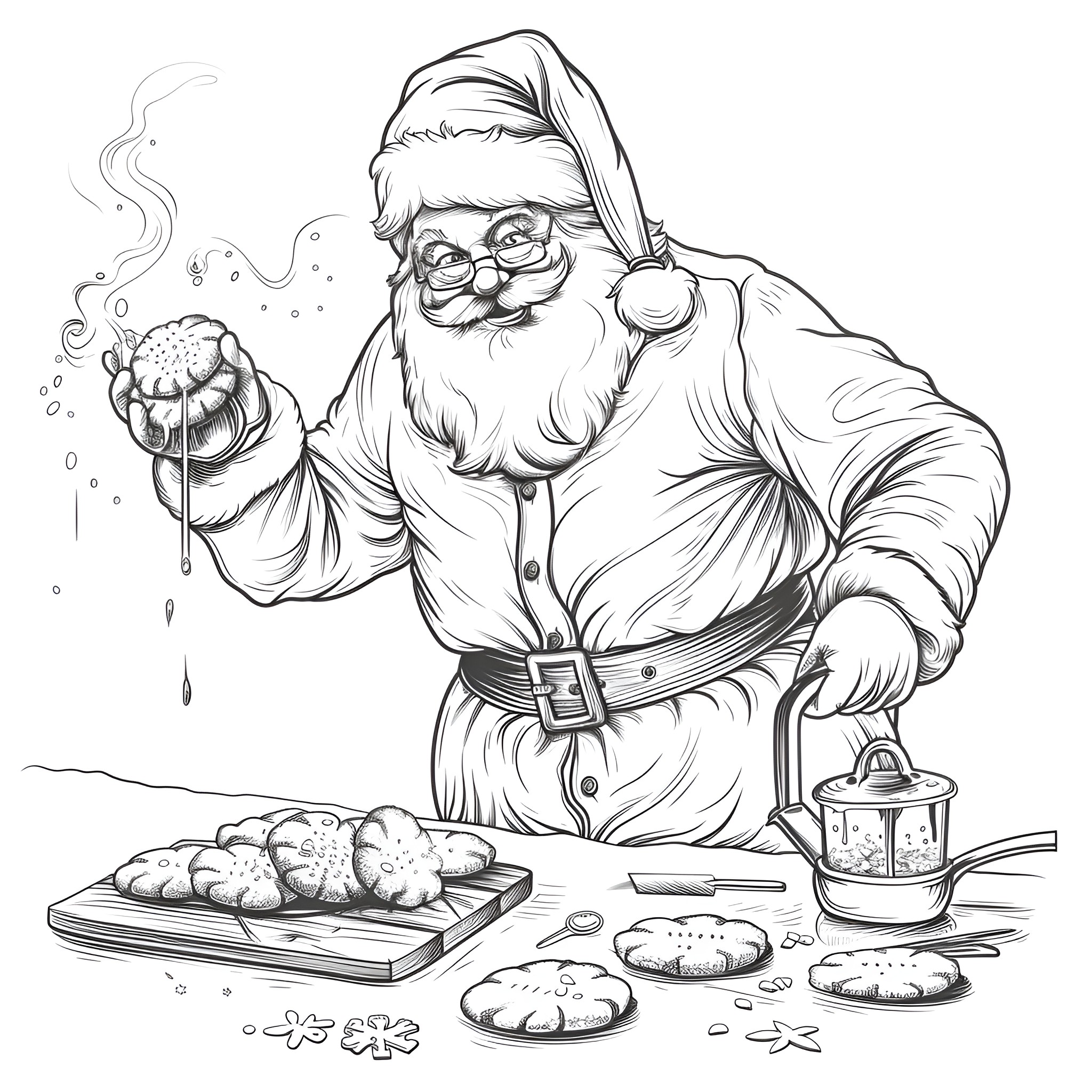 Santa Claus baking delightful holiday treats Coloring Page (free black-and-white line drawing printable PDF for all, from beginners to advanced learners, including children, teens, adults, and seniors)