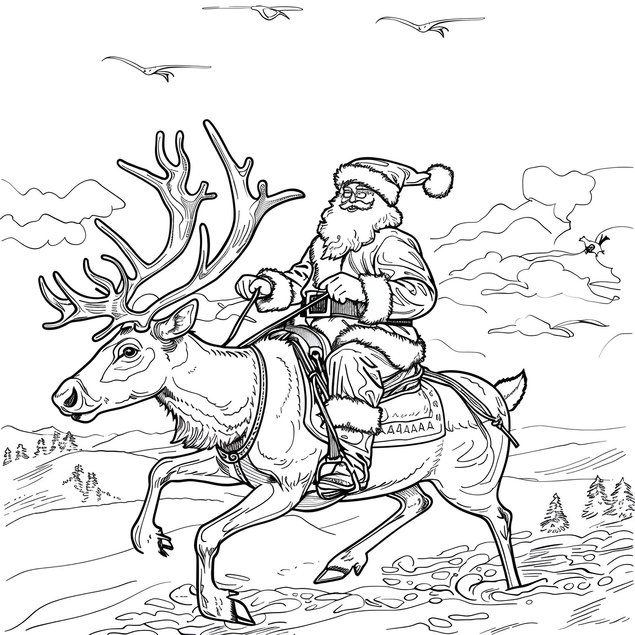 Santa Claus riding a reindeer in the winter landscape Coloring Page (free black-and-white line drawing printable PDF for all, from beginners to advanced learners, including children, teens, adults, and seniors)