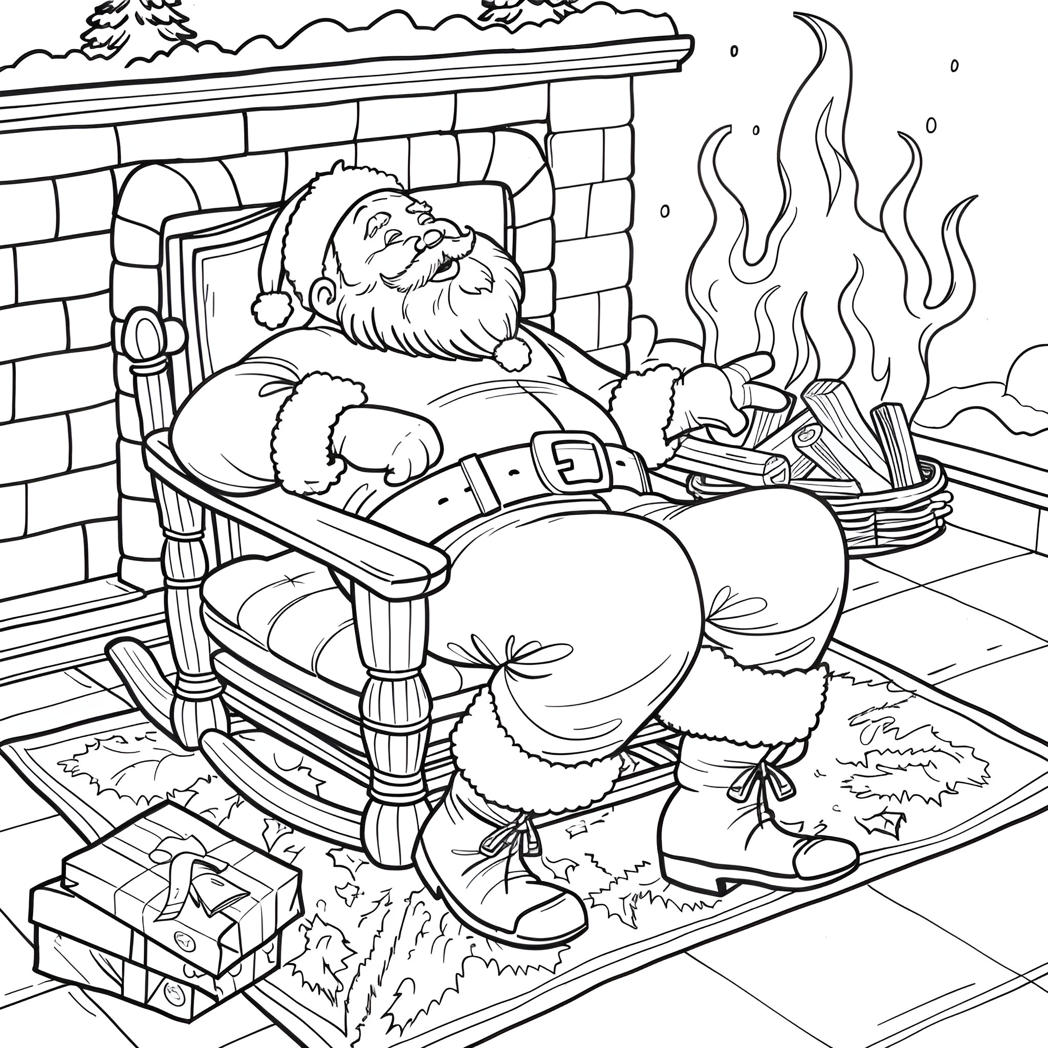 Santa Claus relaxing by the fireplace Coloring Page (free black-and-white line drawing printable PDF for all, from beginners to advanced learners, including children, teens, adults, and seniors)
