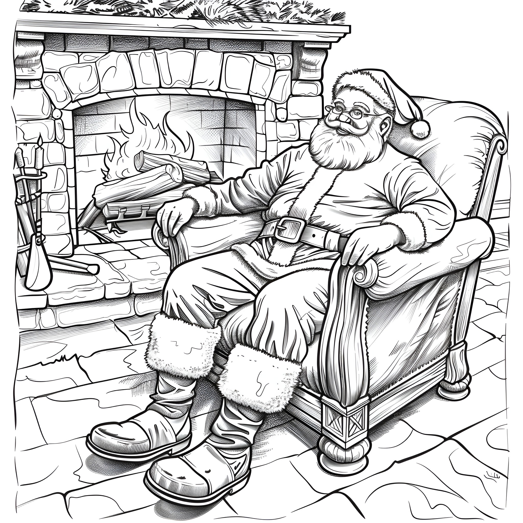Santa Claus relaxing by the fireplace Coloring Page (free black-and-white line drawing printable PDF for all, from beginners to advanced learners, including children, teens, adults, and seniors)