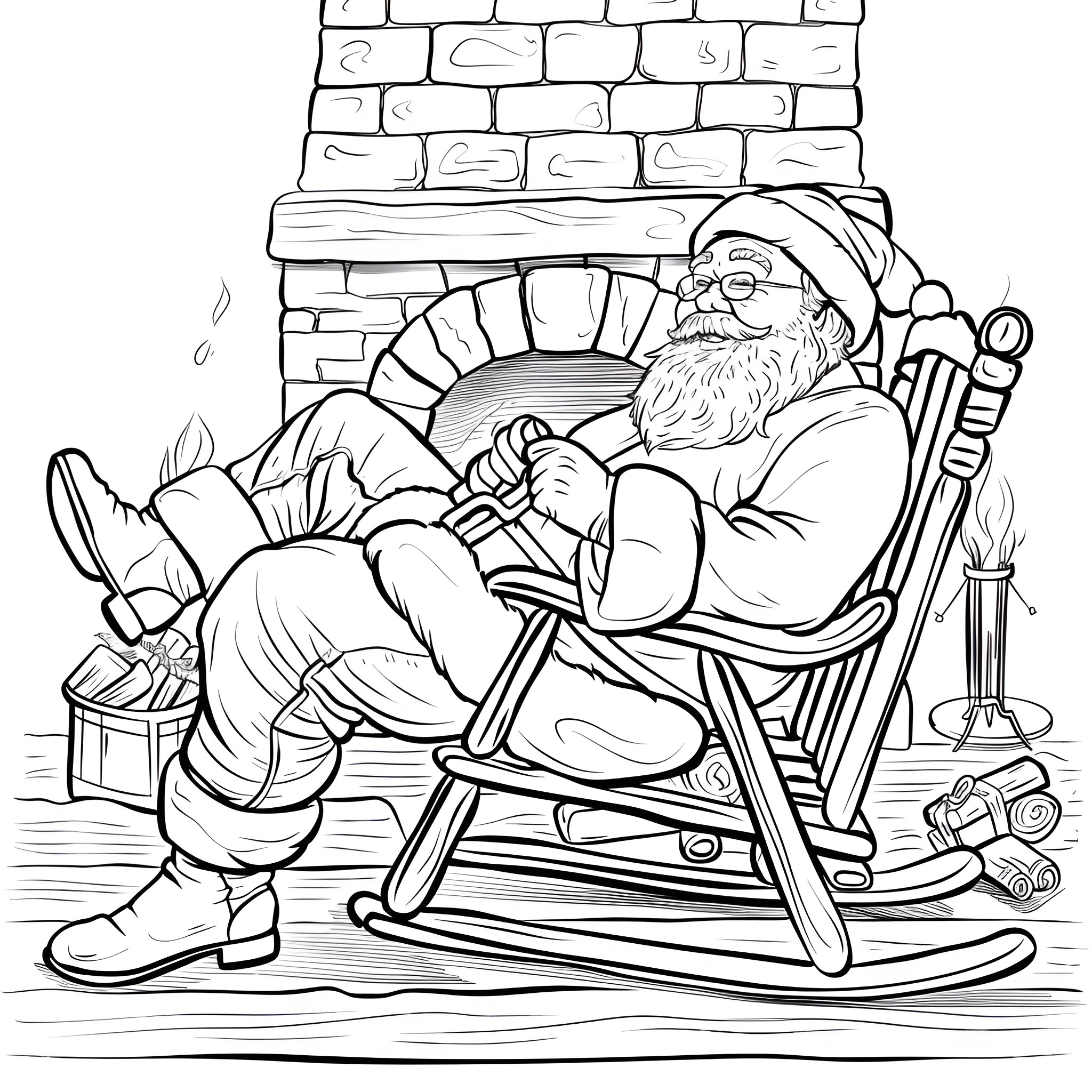 Santa Claus relaxing by the fireplace Coloring Page (free black-and-white line drawing printable PDF for all, from beginners to advanced learners, including children, teens, adults, and seniors)