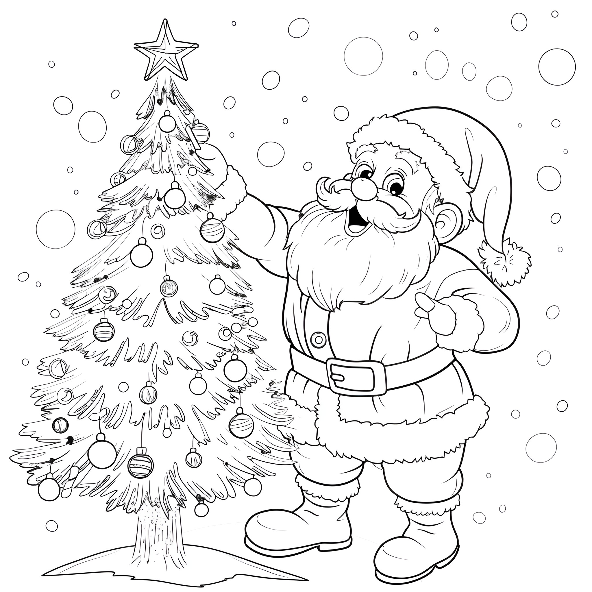 Santa Claus decorating Christmas tree Coloring Page (free black-and-white line drawing printable PDF for all, from beginners to advanced learners, including children, teens, adults, and seniors)
