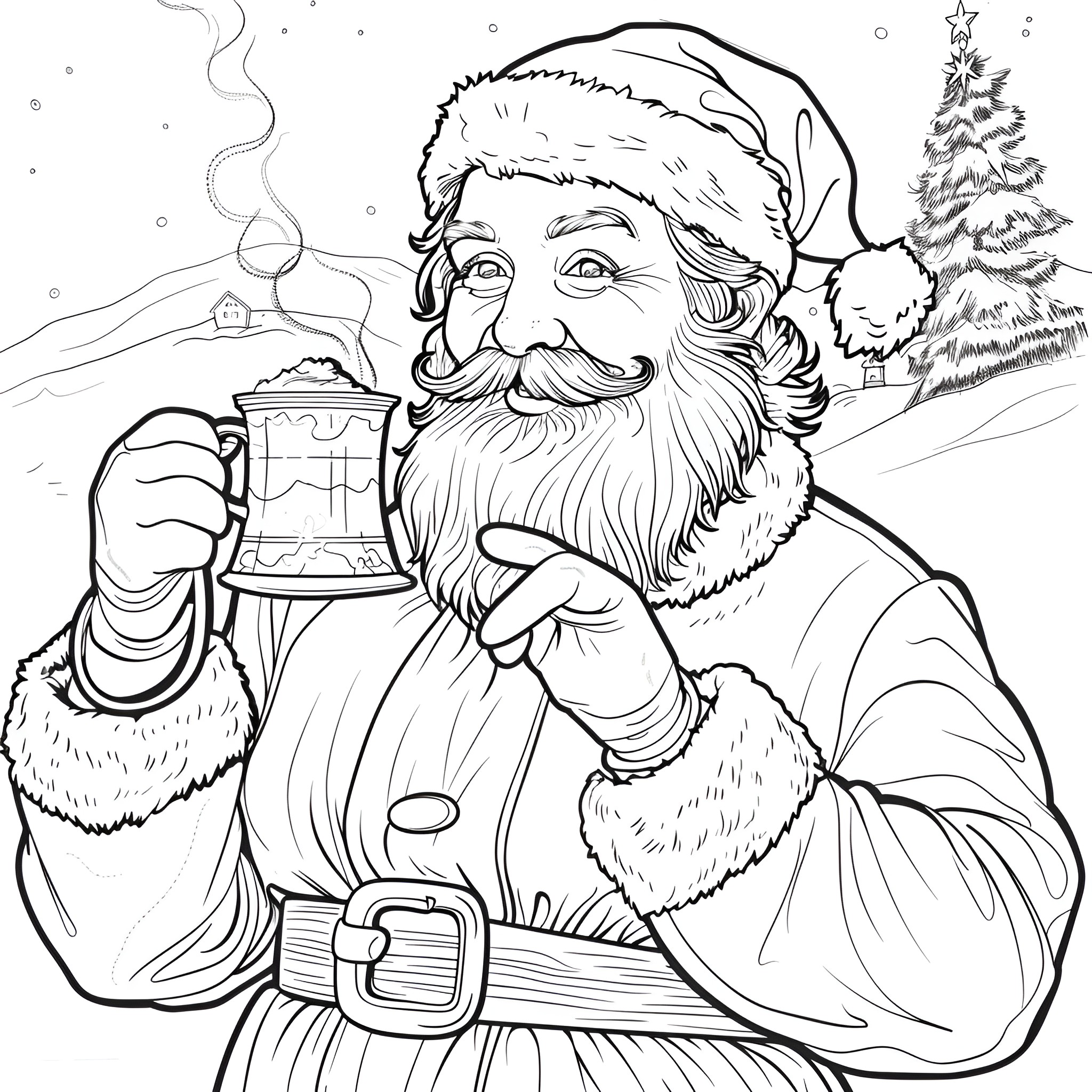 Santa Claus enjoying a warm beverage in winter landscape Coloring Page (free black-and-white line drawing printable PDF for all, from beginners to advanced learners, including children, teens, adults, and seniors)