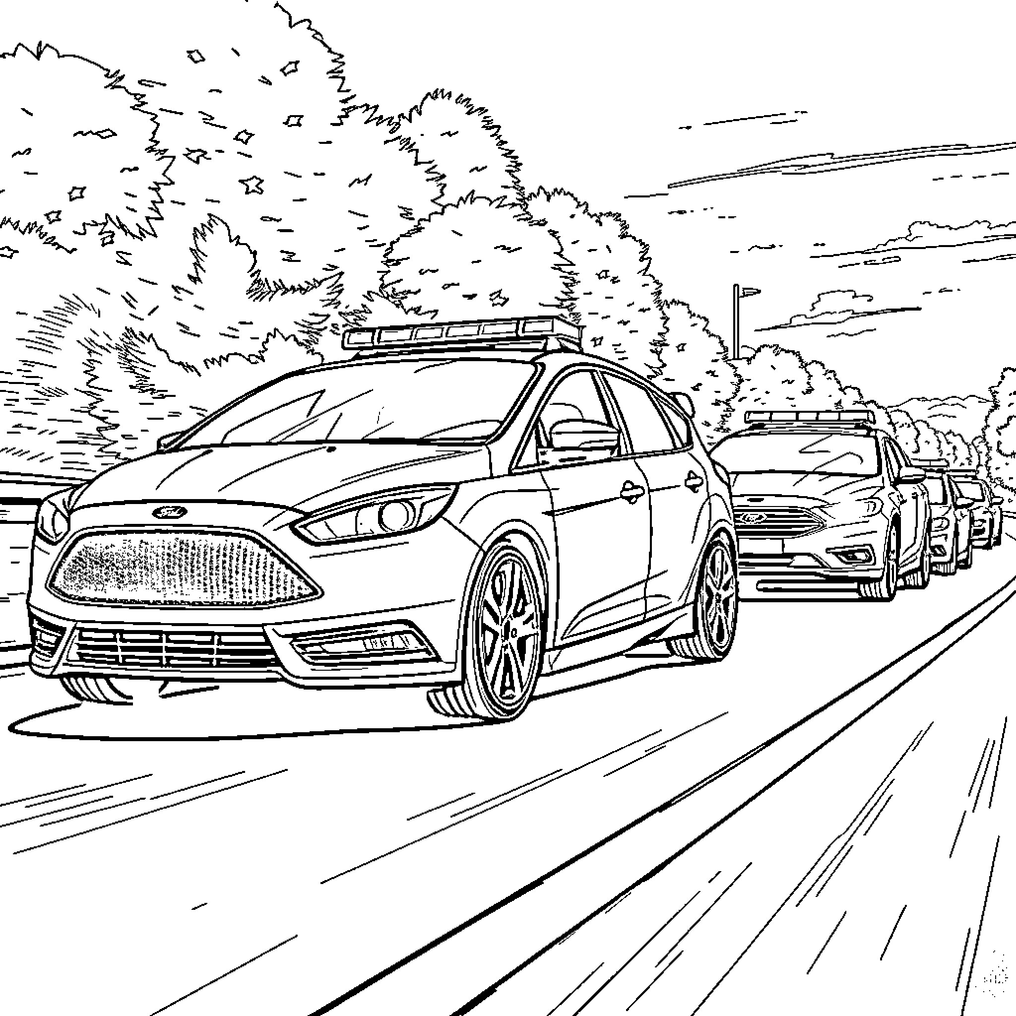 Ford Focus driving on the highway with trailer Coloring Page (free black-and-white line drawing printable PDF for all, from beginners to advanced learners, including children, teens, adults, and seniors)