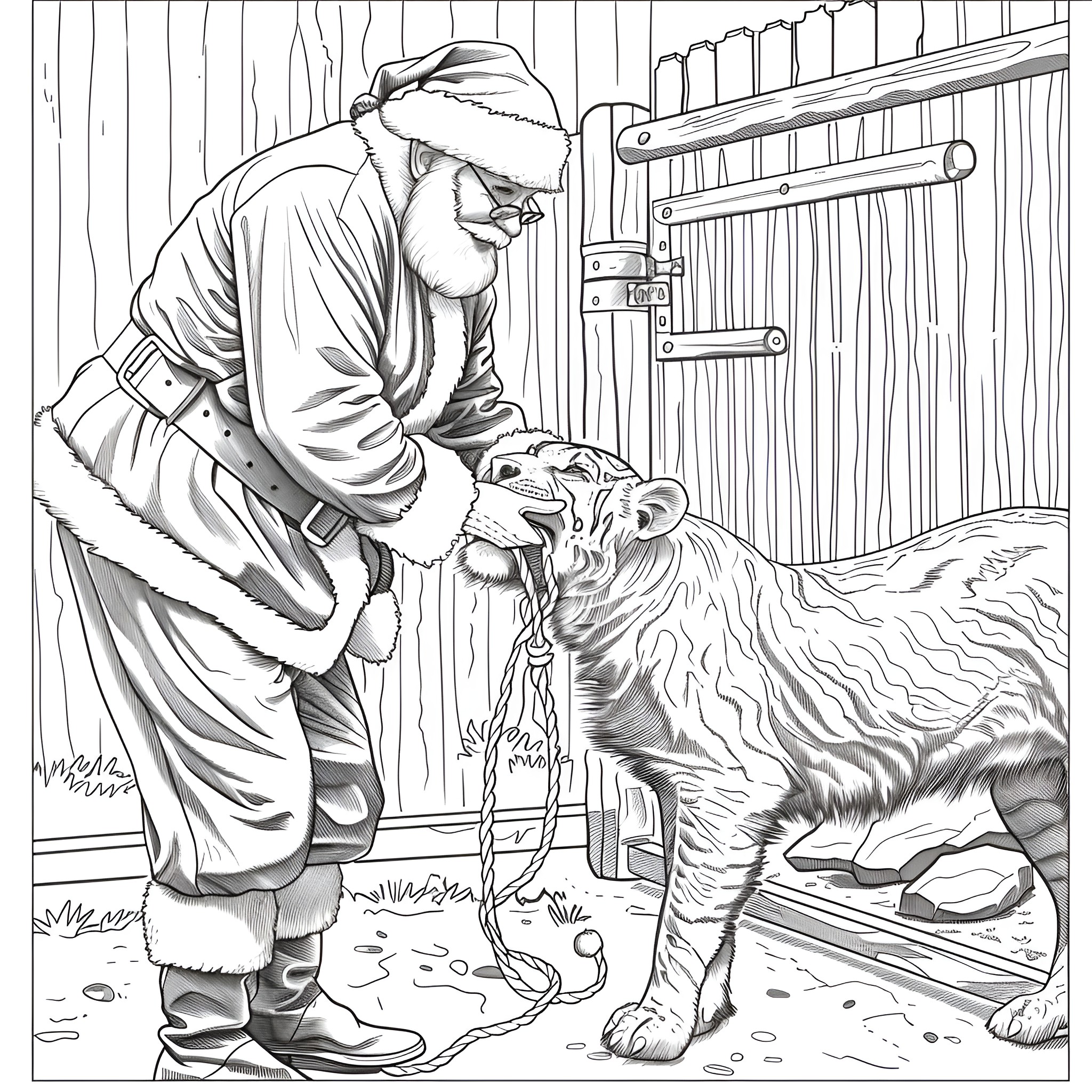 Santa Claus petting a tiger in a snowy cabin Coloring Page (free black-and-white line drawing printable PDF for all, from beginners to advanced learners, including children, teens, adults, and seniors)
