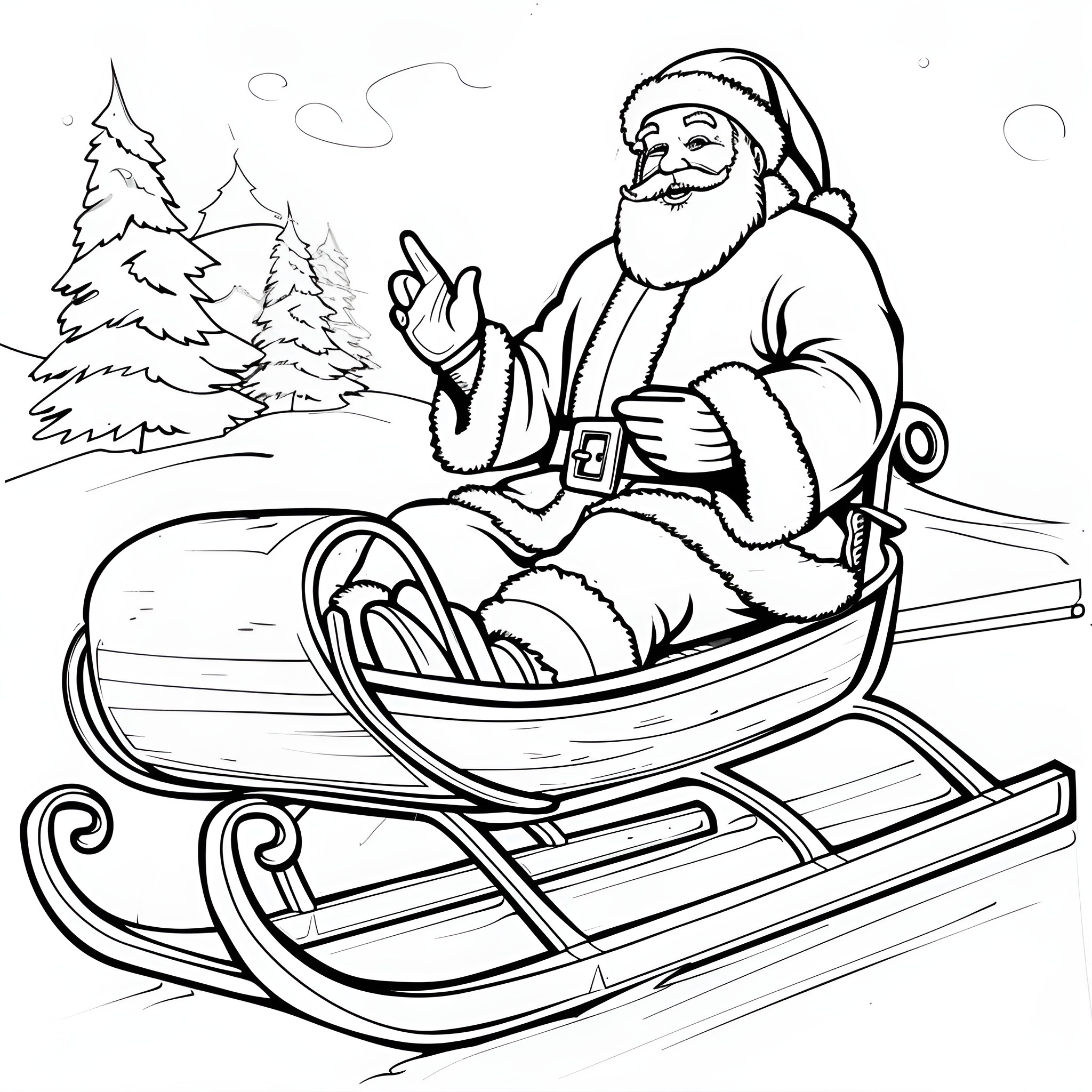 Santa Claus riding a sleigh through the winter landscape Coloring Page (free black-and-white line drawing printable PDF for all, from beginners to advanced learners, including children, teens, adults, and seniors)
