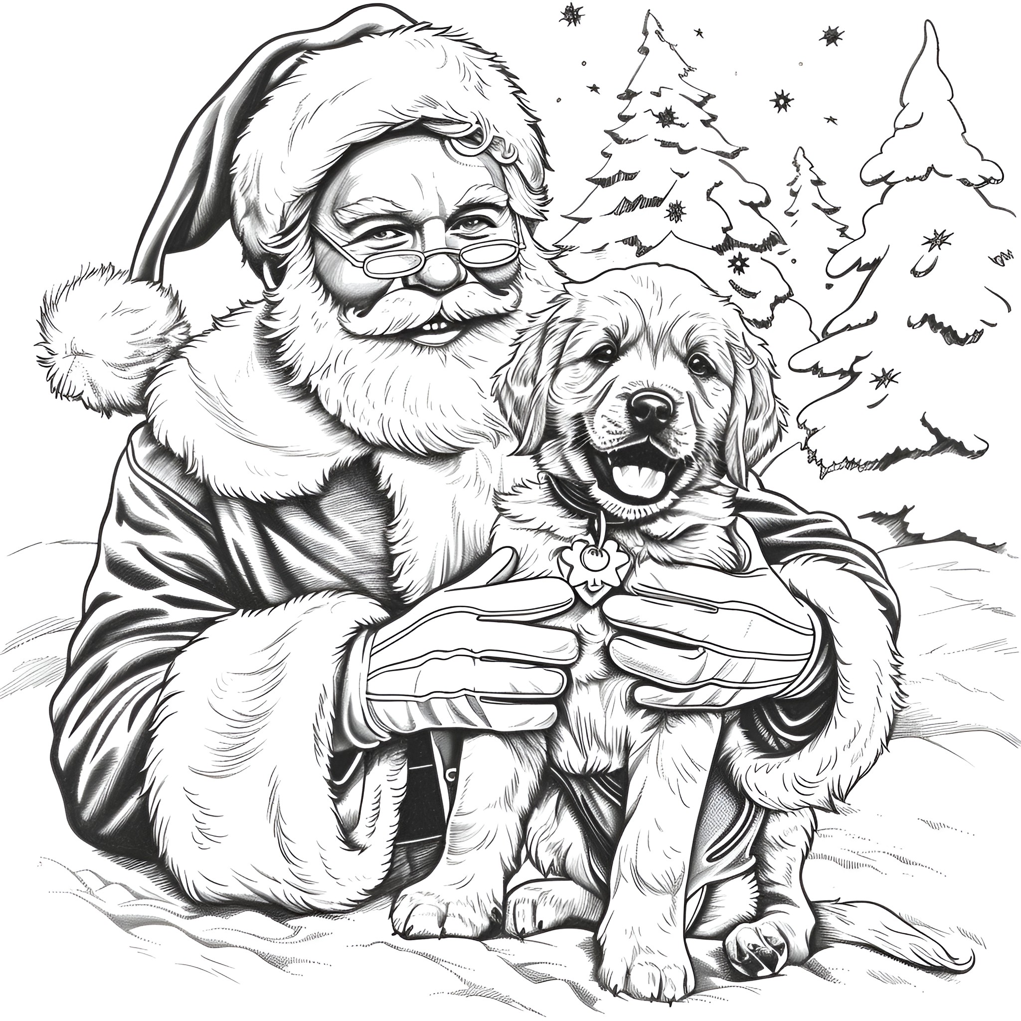 Santa Claus with joyful dog in snowy winter scene Coloring Page (free black-and-white line drawing printable PDF for all, from beginners to advanced learners, including children, teens, adults, and seniors)