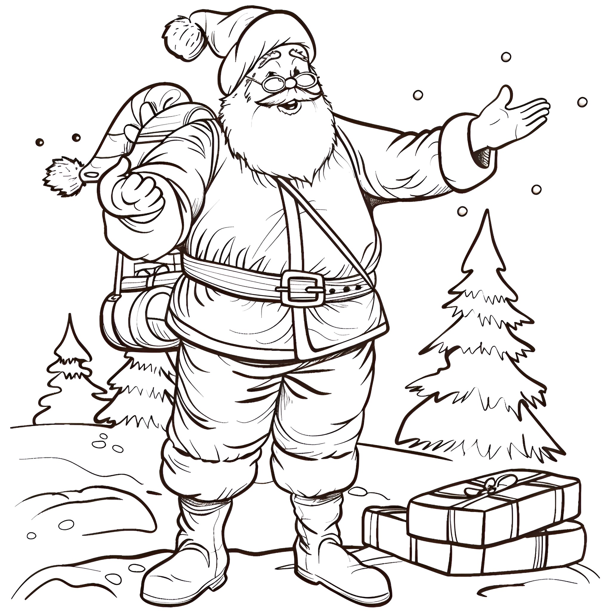 Santa Claus delivering Christmas gifts Coloring Page (free black-and-white line drawing printable PDF for all, from beginners to advanced learners, including children, teens, adults, and seniors)
