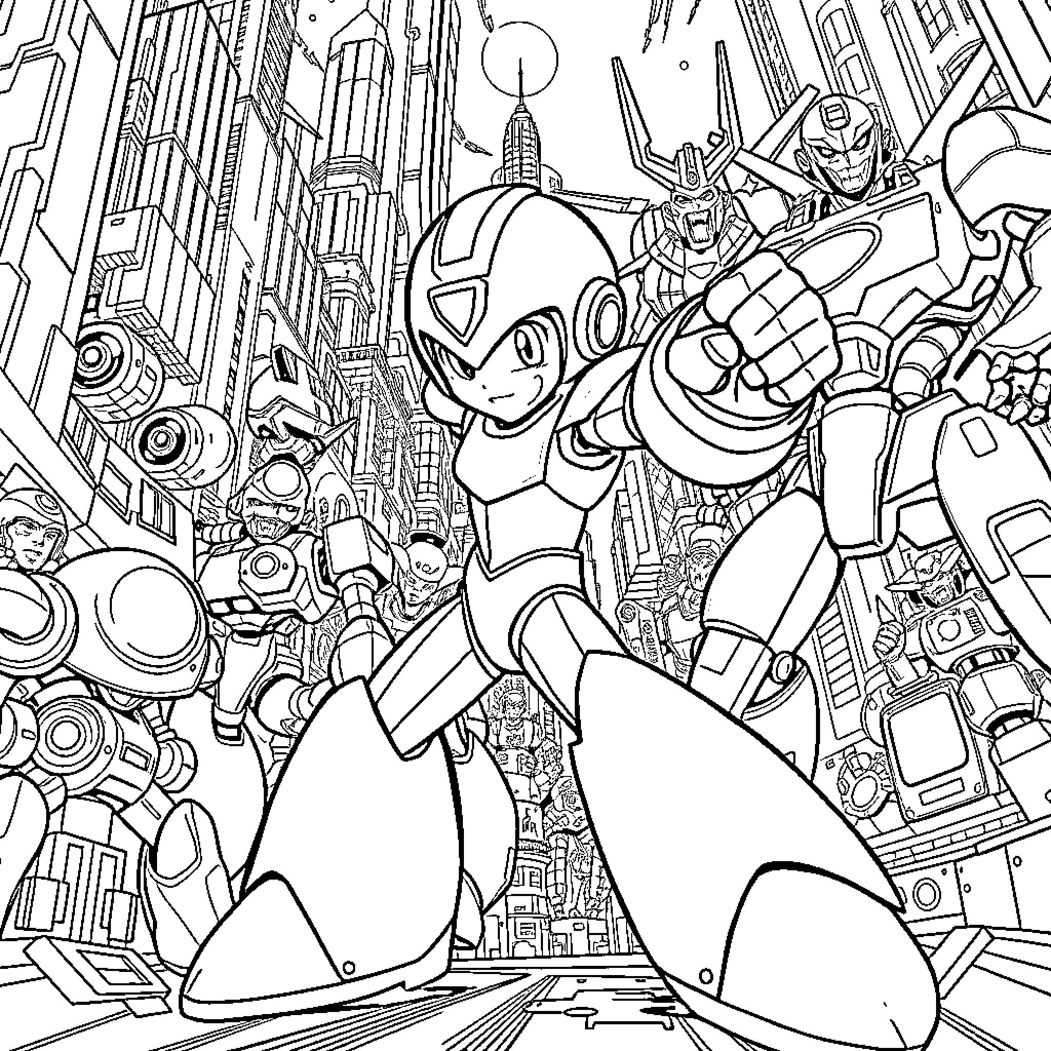 Megaman battling through futuristic cityscape Coloring Page (free black-and-white line drawing printable PDF for all, from beginners to advanced learners, including children, teens, adults, and seniors)