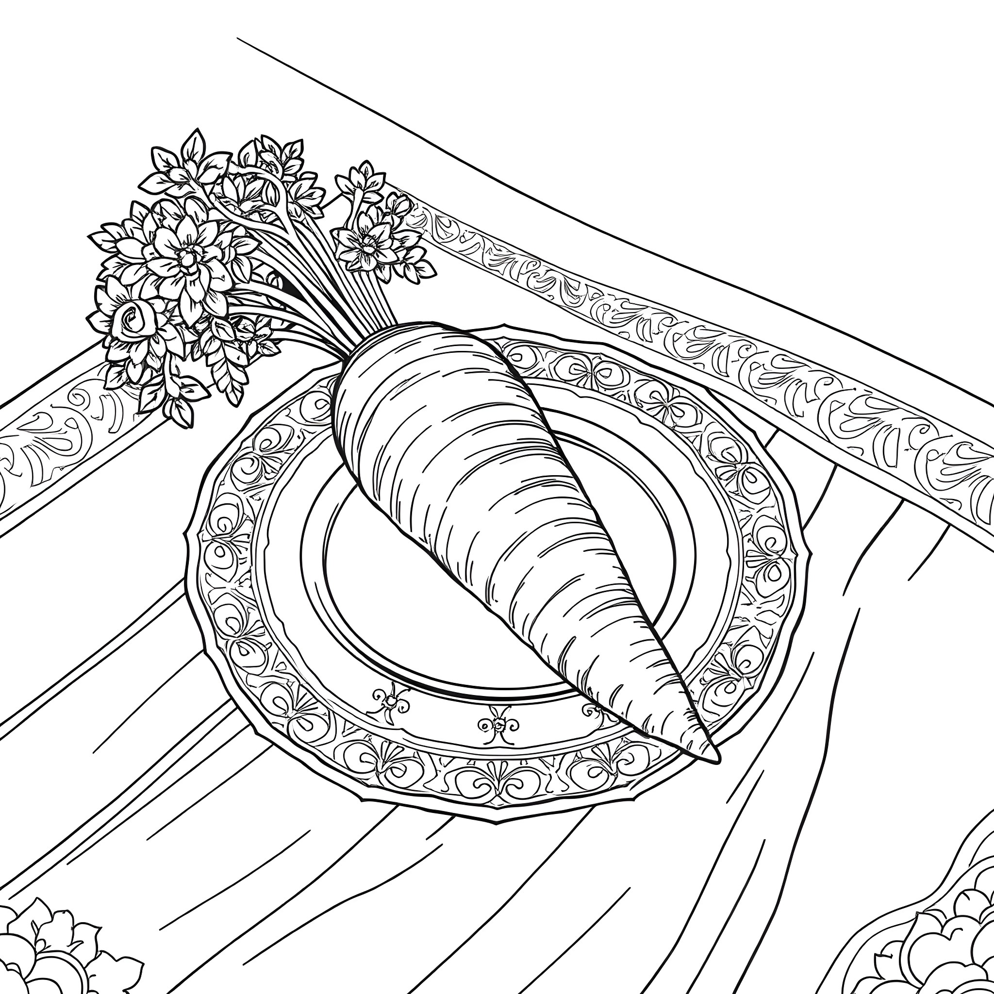 Carrot with Floral Bouquet and Ornate Frame Coloring Page (free black-and-white line drawing printable PDF for all, from beginners to advanced learners, including children, teens, adults, and seniors)