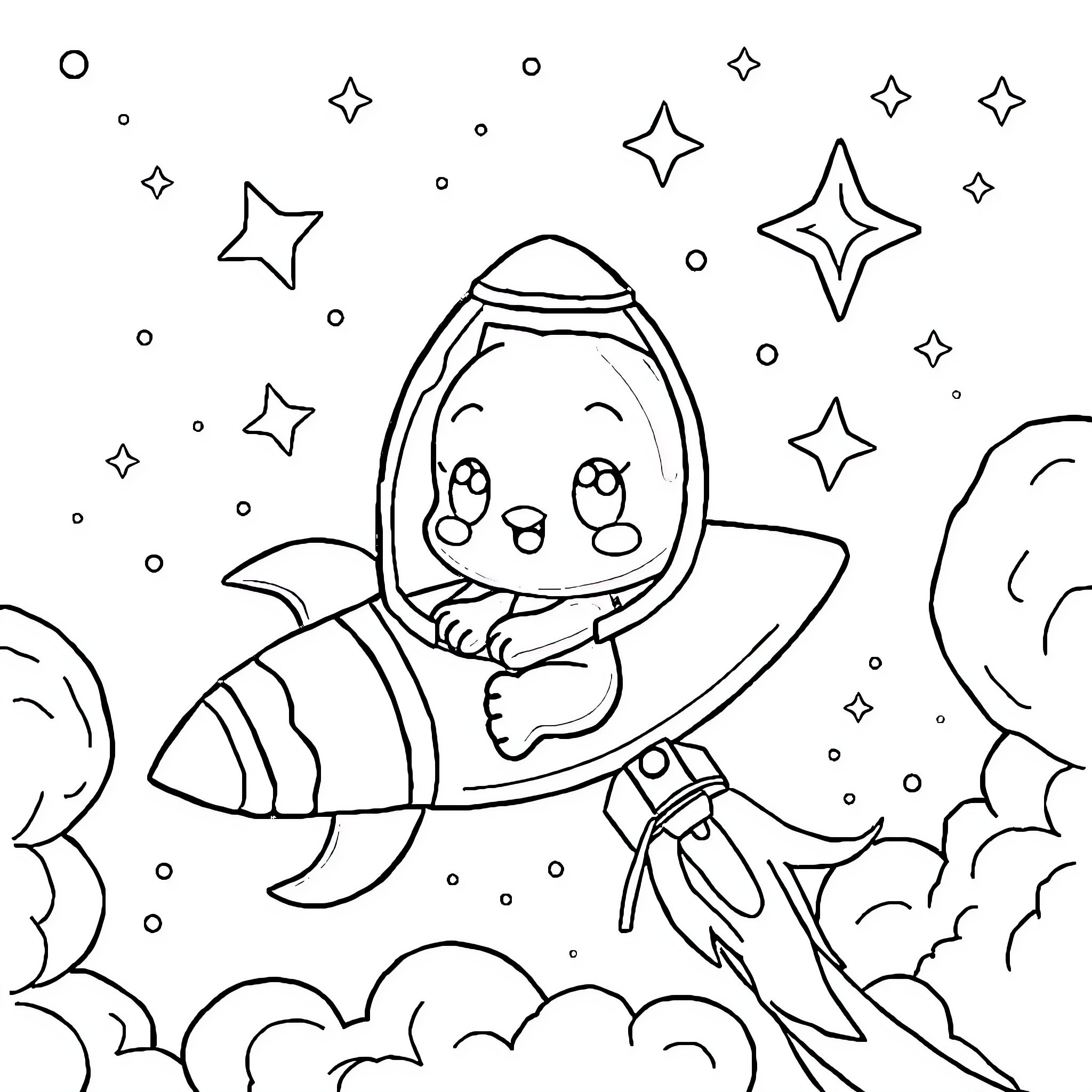 Bluey in a Rocket Ship Among the Stars Coloring Page (free black-and-white line drawing printable PDF for all, from beginners to advanced learners, including children, teens, adults, and seniors)