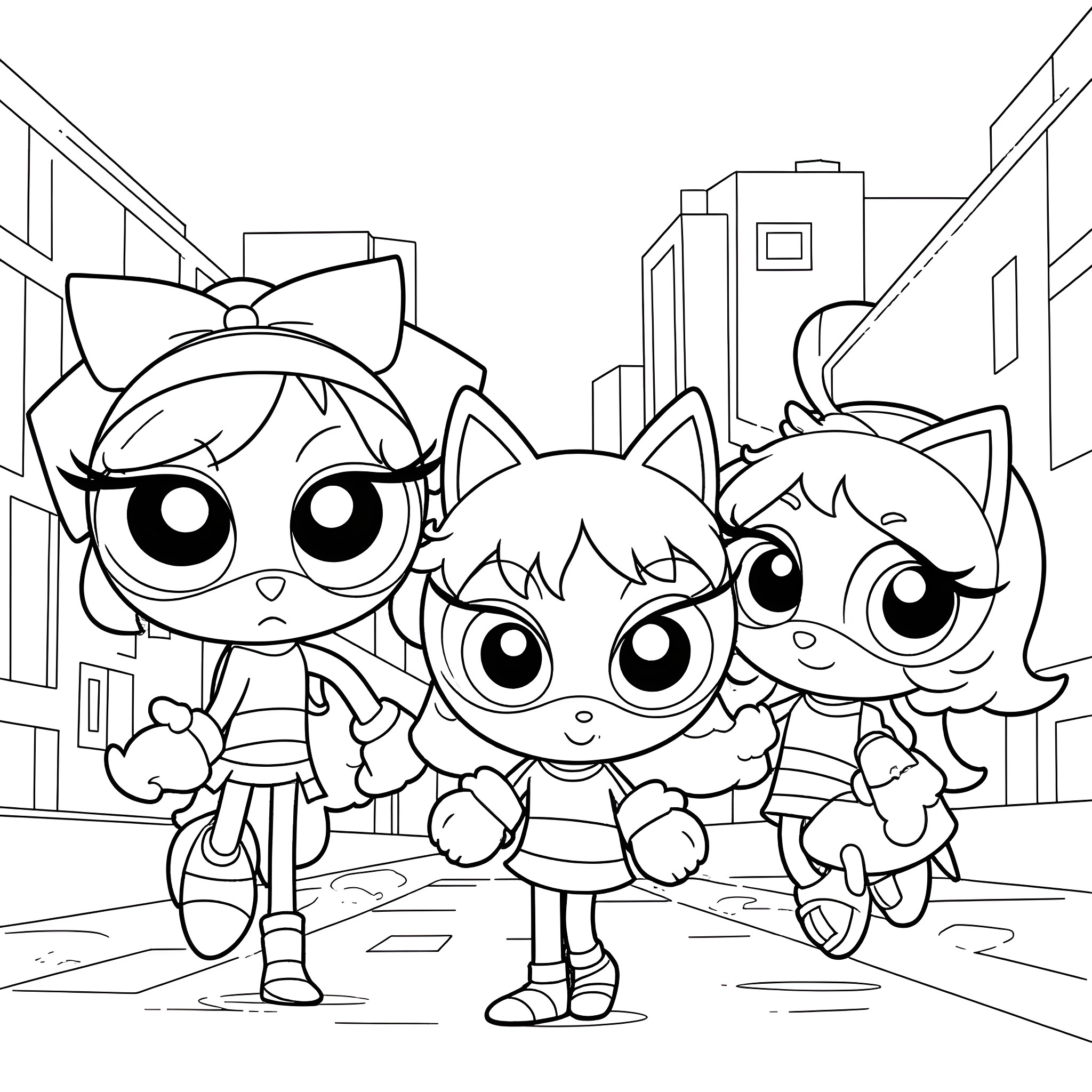 Powerpuff Girls in action on the city streets Coloring Page (free black-and-white line drawing printable PDF for all, from beginners to advanced learners, including children, teens, adults, and seniors)