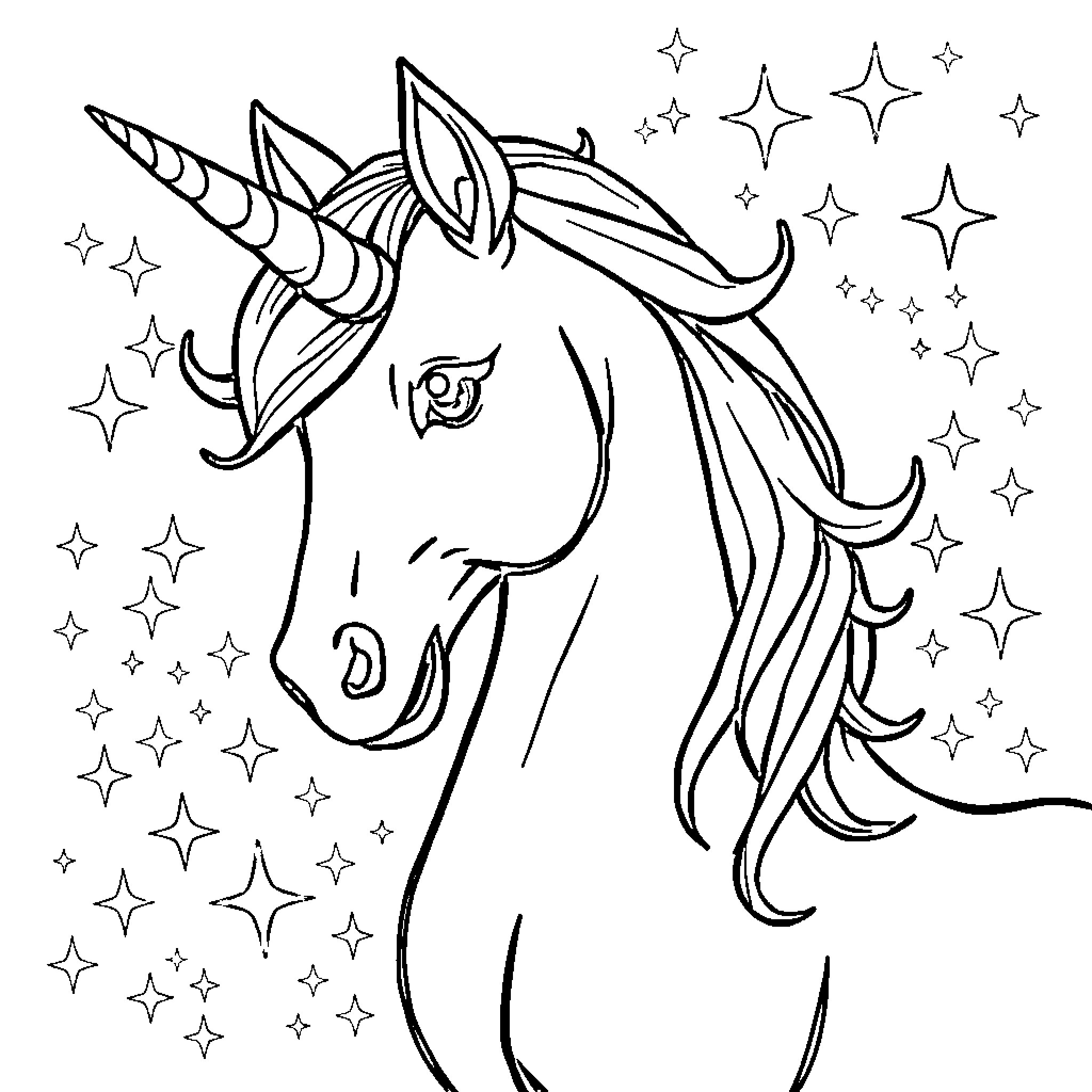 Unicorn with Sparkly Stars Coloring Page (free black-and-white line drawing printable PDF for all, from beginners to advanced learners, including children, teens, adults, and seniors)