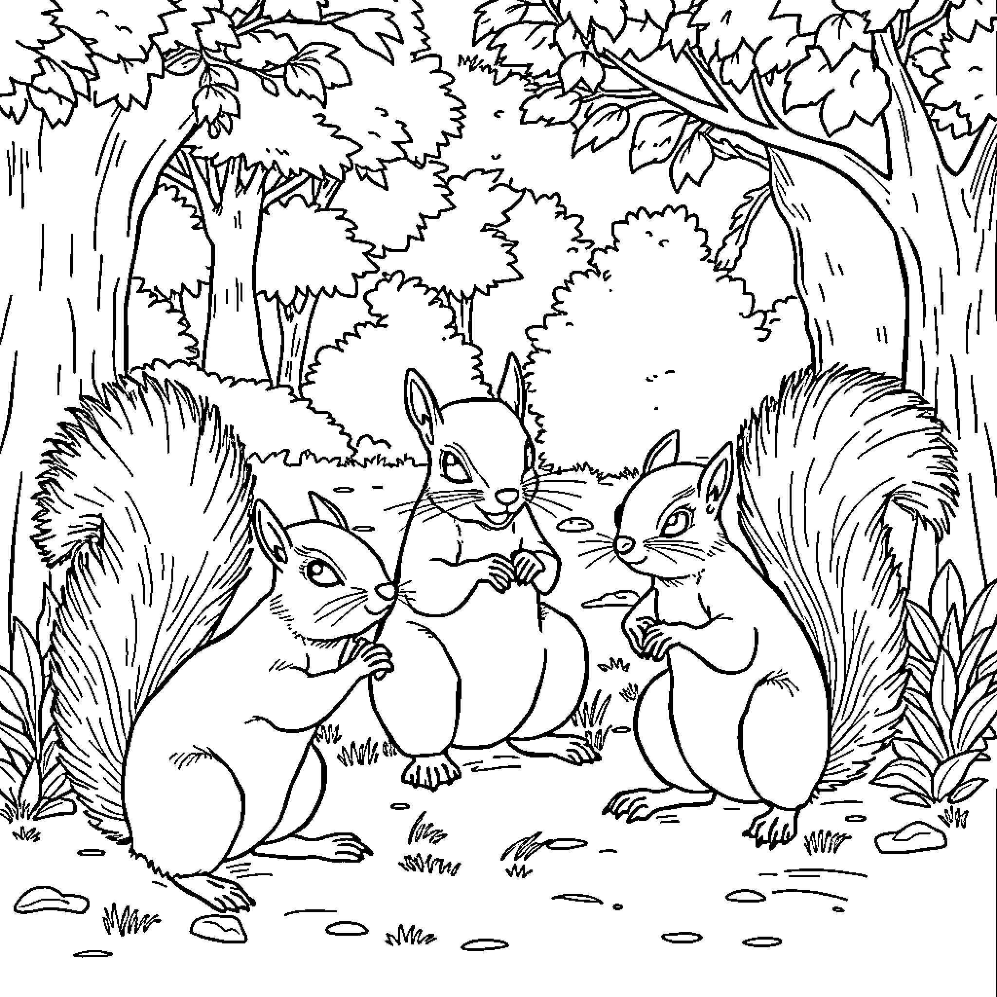 Squirrels playing together in the forest Coloring Page (free black-and-white line drawing printable PDF for all, from beginners to advanced learners, including children, teens, adults, and seniors)