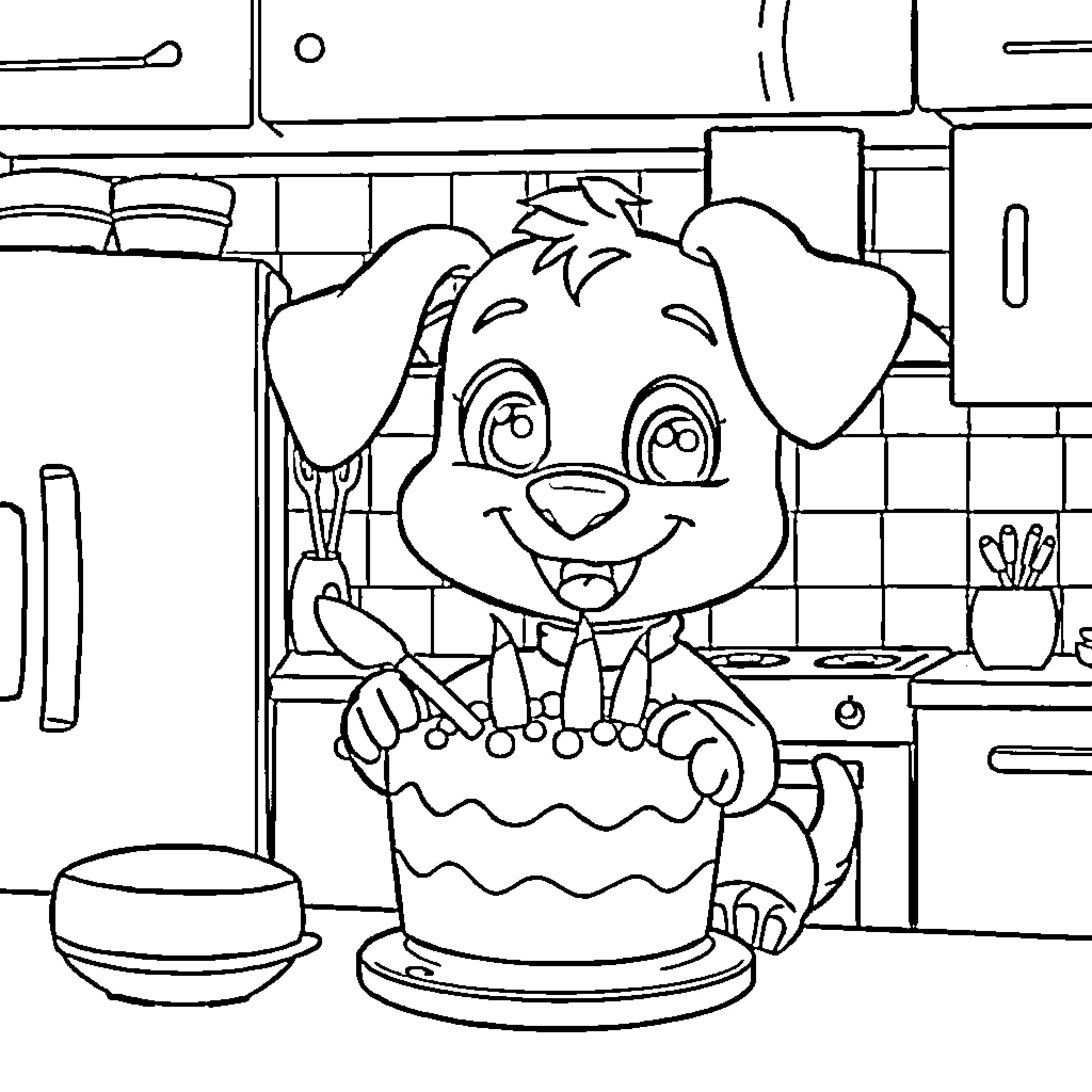 Bluey baking a cake in the kitchen Coloring Page (free black-and-white line drawing printable PDF for all, from beginners to advanced learners, including children, teens, adults, and seniors)