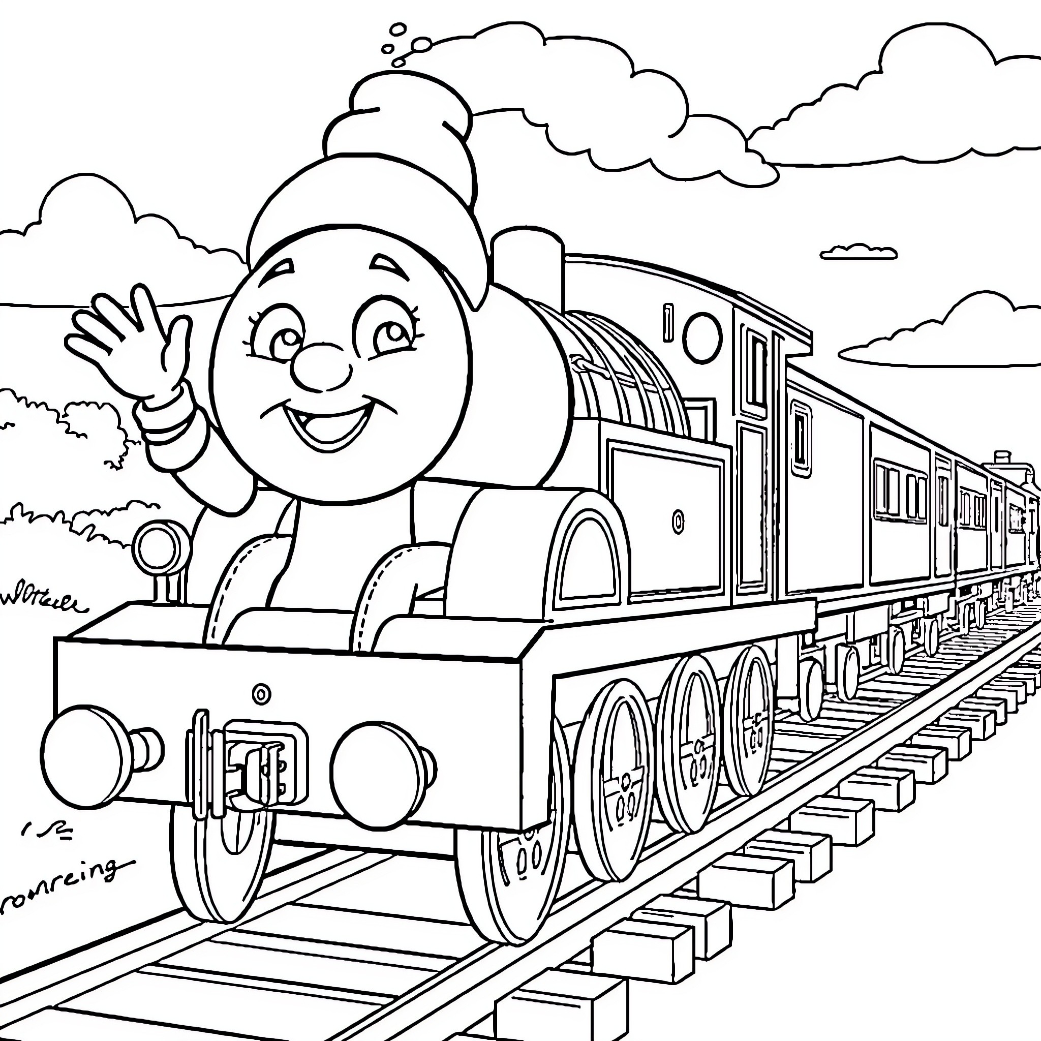 Booba's Cheerful Train Adventure Coloring Page (free black-and-white line drawing printable PDF for all, from beginners to advanced learners, including children, teens, adults, and seniors)