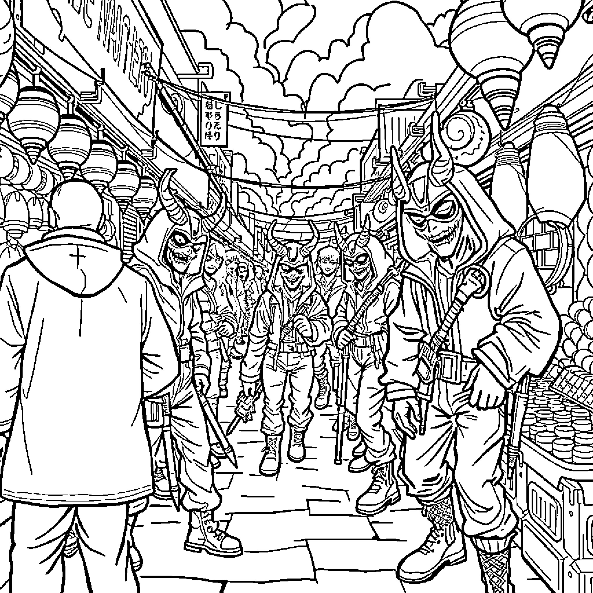 Mercat Street Scene with Mysterious Figures and Lanterns Coloring Page (free black-and-white line drawing printable PDF for all, from beginners to advanced learners, including children, teens, adults, and seniors)