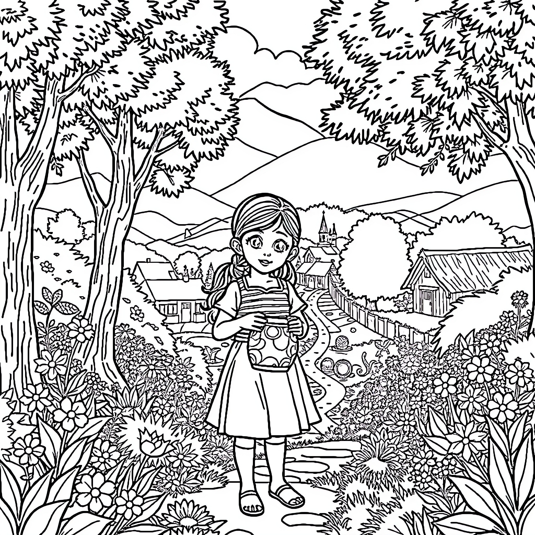 Girl Exploring a Whimsical Forest Landscape Coloring Page (free black-and-white line drawing printable PDF for all, from beginners to advanced learners, including children, teens, adults, and seniors)