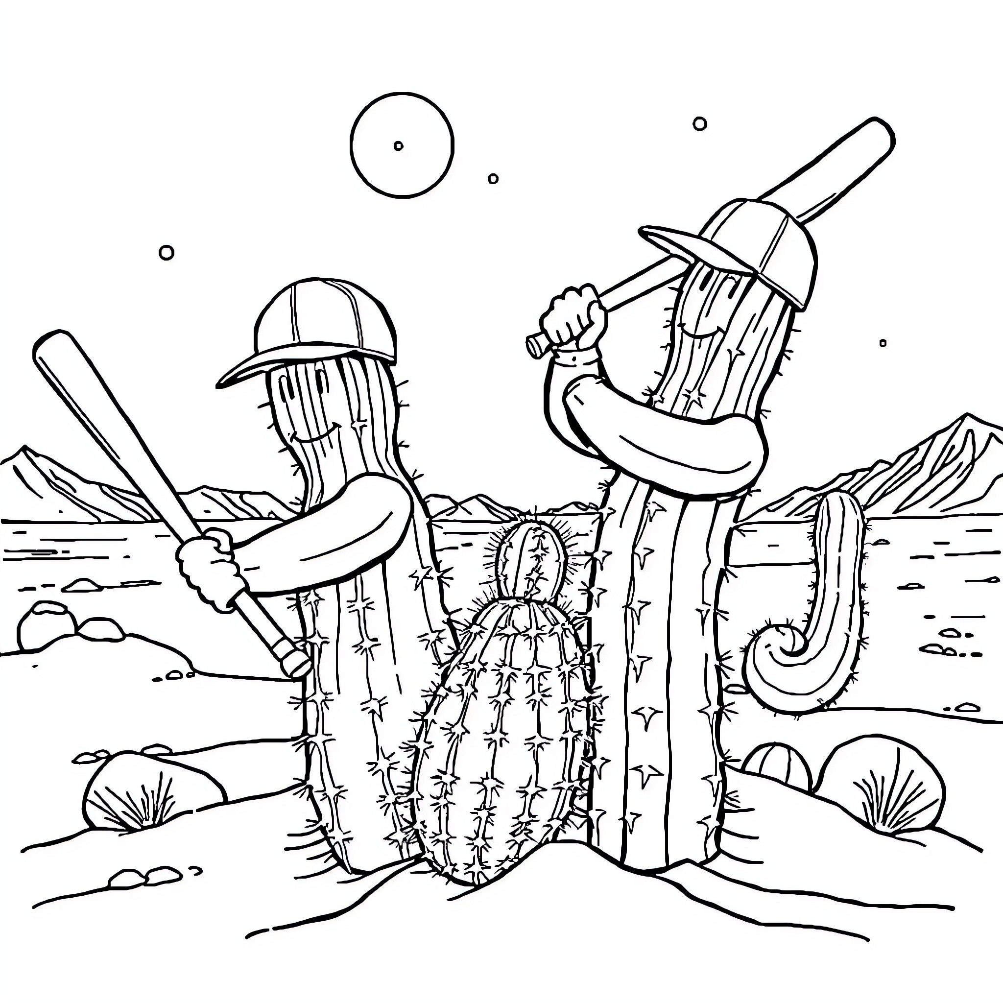 Cactus baseball players in desert landscape Coloring Page (free black-and-white line drawing printable PDF for all, from beginners to advanced learners, including children, teens, adults, and seniors)