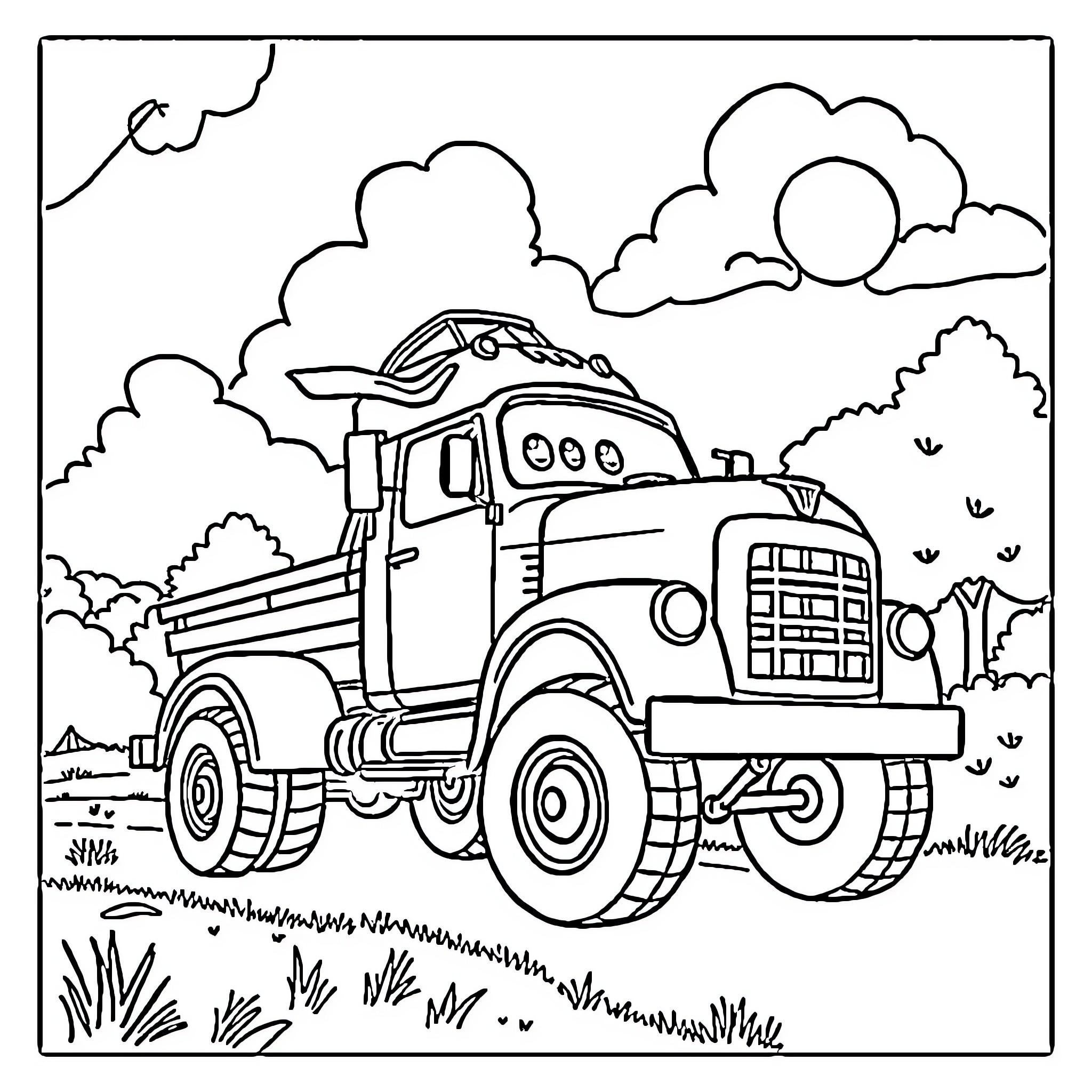 K.I.T.T. Truck Navigating Countryside Terrain Coloring Page (free black-and-white line drawing printable PDF for all, from beginners to advanced learners, including children, teens, adults, and seniors)