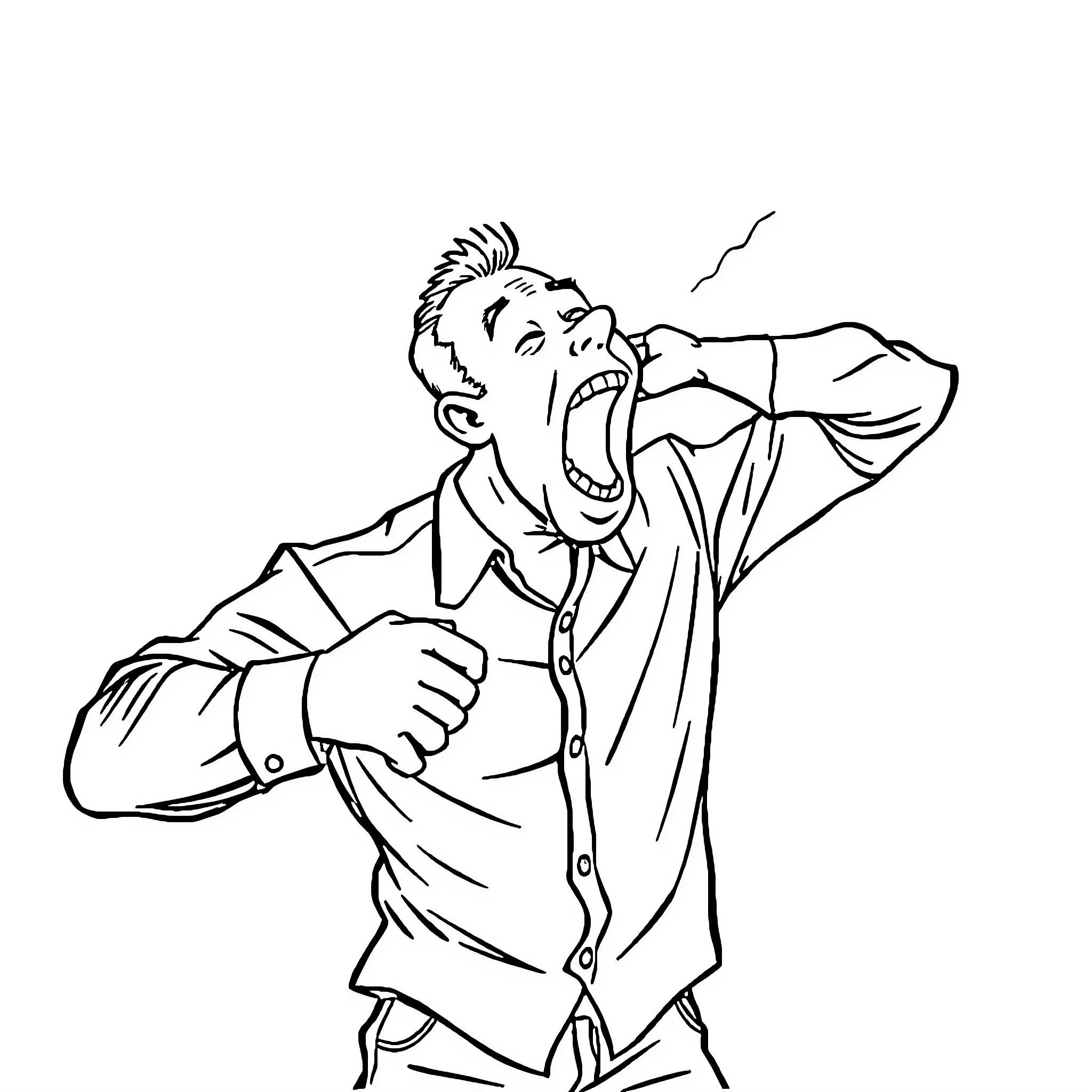 Man yawning in casual attire Coloring Page (free black-and-white line drawing printable PDF for all, from beginners to advanced learners, including children, teens, adults, and seniors)