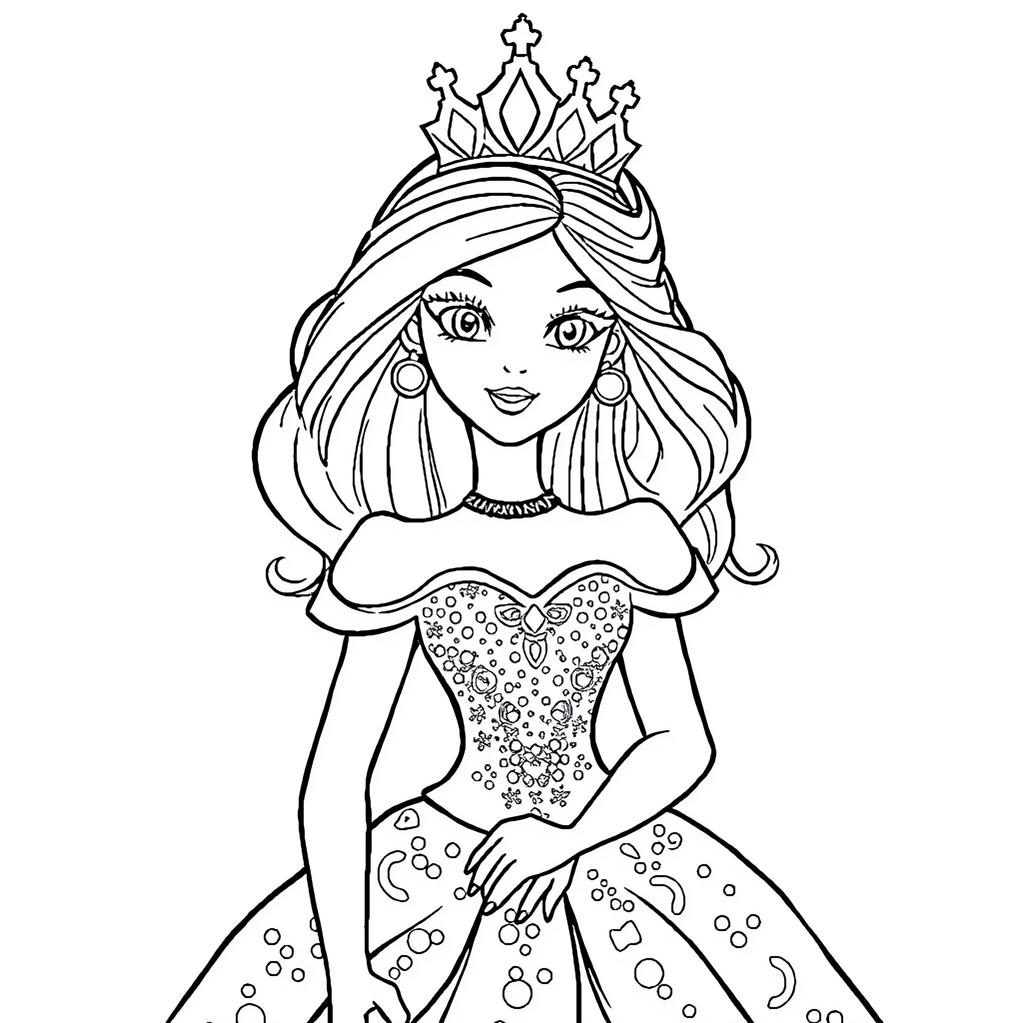 Princess in Elegant Dress and Crown Coloring Page (free black-and-white line drawing printable PDF for all, from beginners to advanced learners, including children, teens, adults, and seniors)