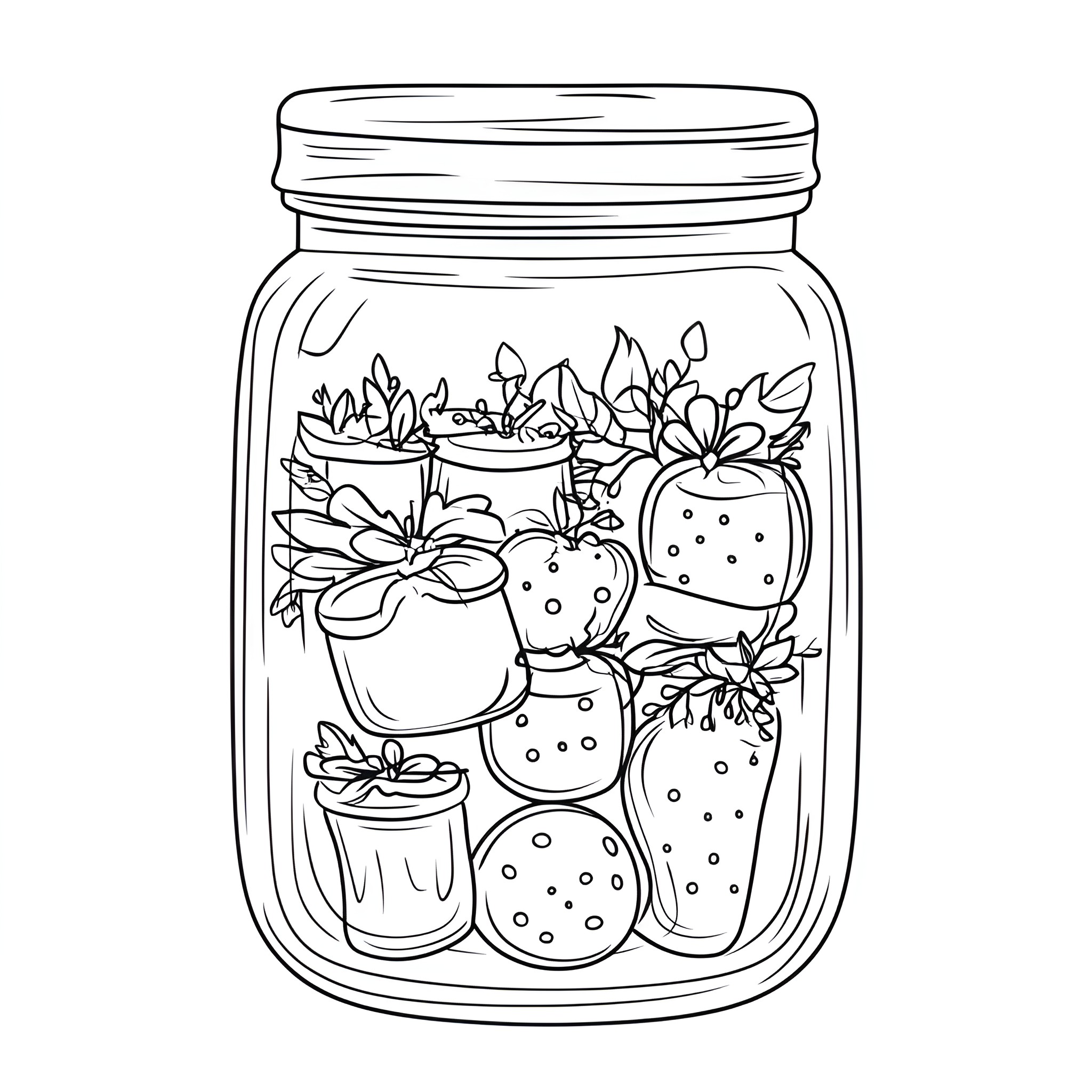 Life In A Jar with Assorted Plants and Berries Coloring Page (free black-and-white line drawing printable PDF for all, from beginners to advanced learners, including children, teens, adults, and seniors)