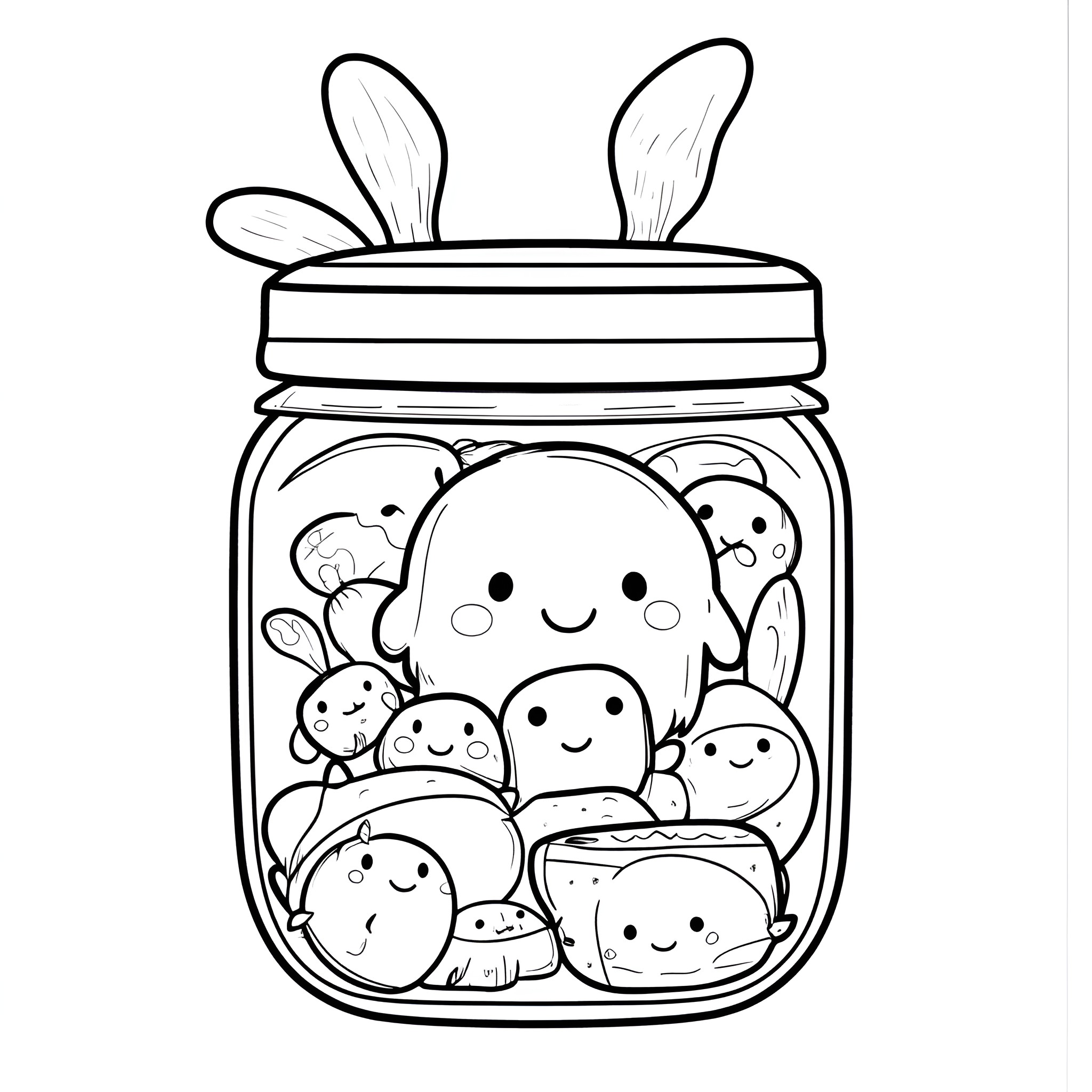 Life In A Jar - Whimsical creatures in a cozy jar Coloring Page (free black-and-white line drawing printable PDF for all, from beginners to advanced learners, including children, teens, adults, and seniors)