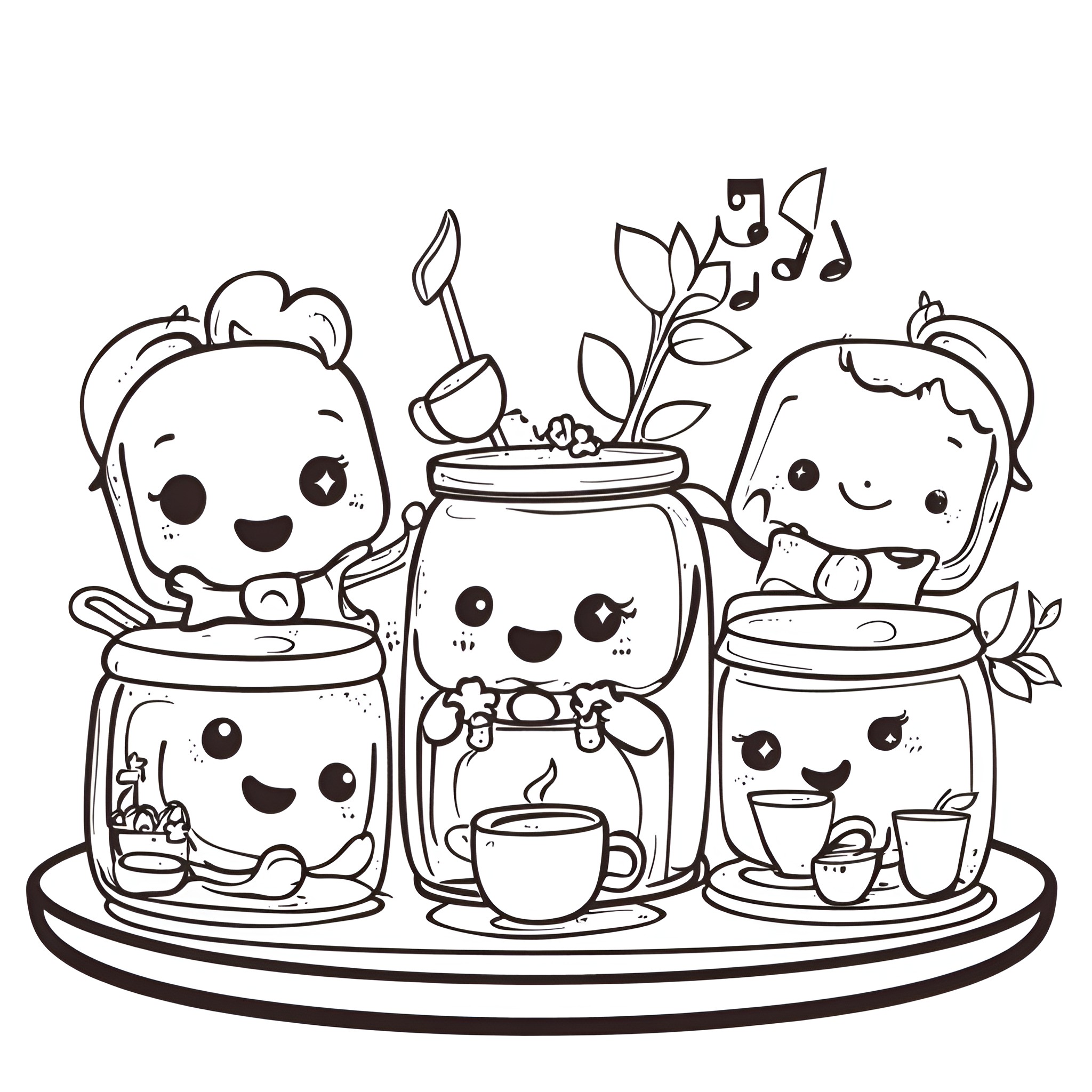 Life In A Jar: Cheerful Plant Pots and Mugs Coloring Page (free black-and-white line drawing printable PDF for all, from beginners to advanced learners, including children, teens, adults, and seniors)