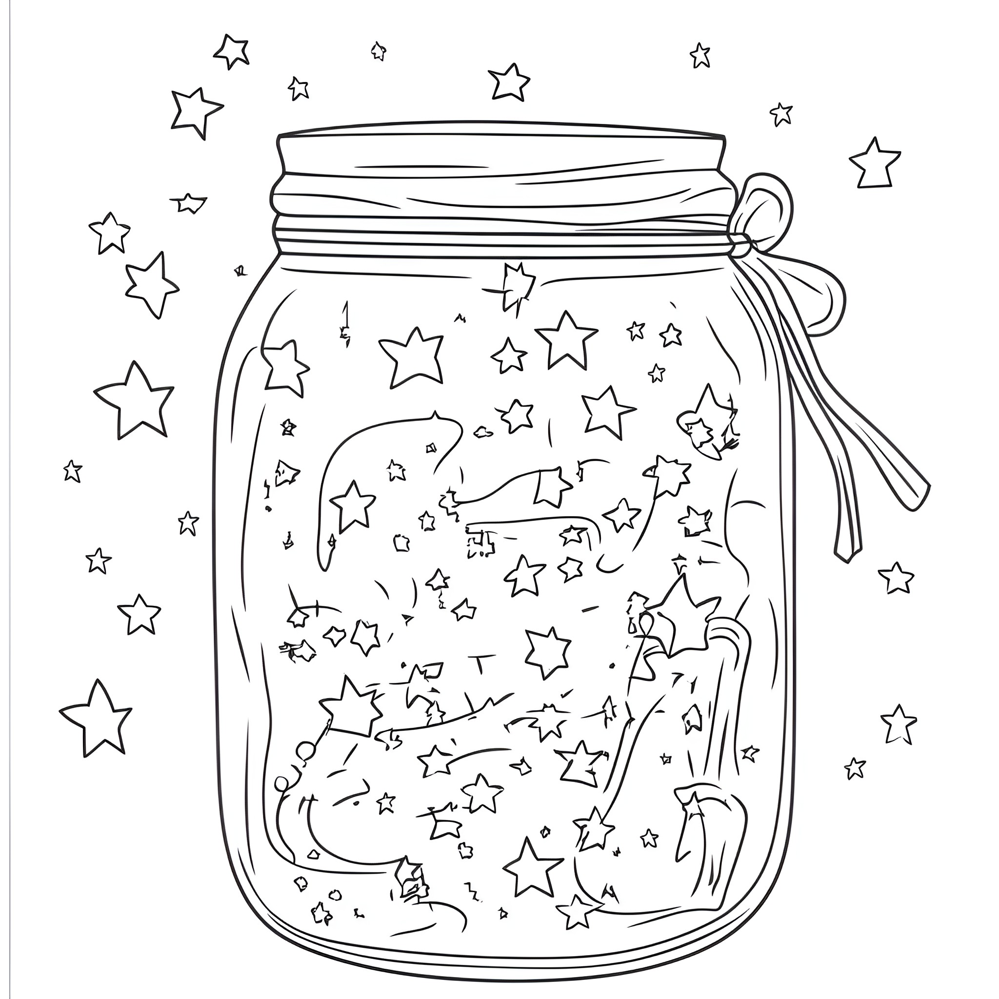 Life In A Jar: Whimsical stars and dreamlike creatures Coloring Page (free black-and-white line drawing printable PDF for all, from beginners to advanced learners, including children, teens, adults, and seniors)