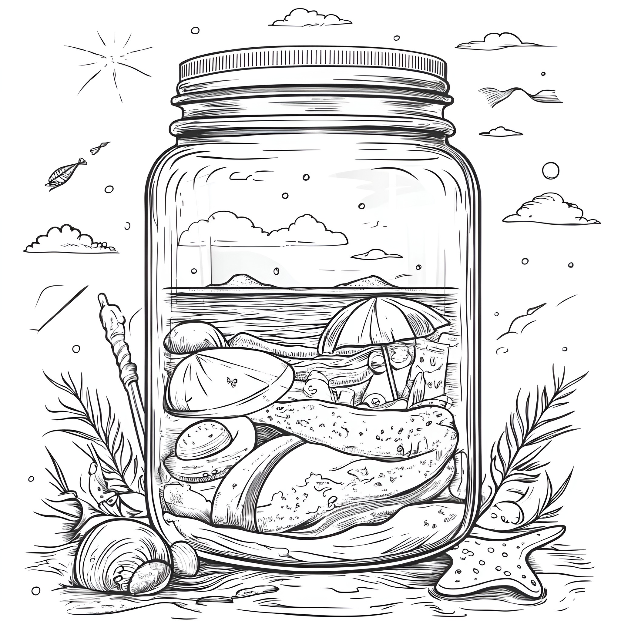 Life In A Jar - Beachscape with Umbrella and Shells Coloring Page (free black-and-white line drawing printable PDF for all, from beginners to advanced learners, including children, teens, adults, and seniors)