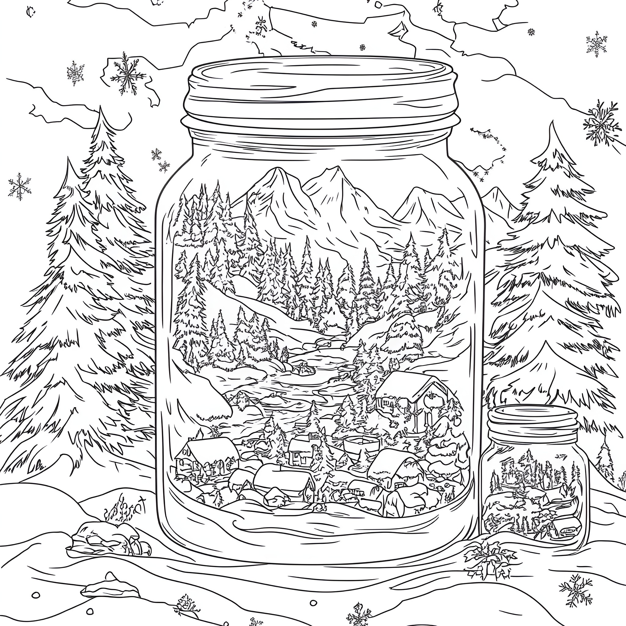 Life In A Jar - Cozy Winter Cabin Scene Coloring Page (free black-and-white line drawing printable PDF for all, from beginners to advanced learners, including children, teens, adults, and seniors)