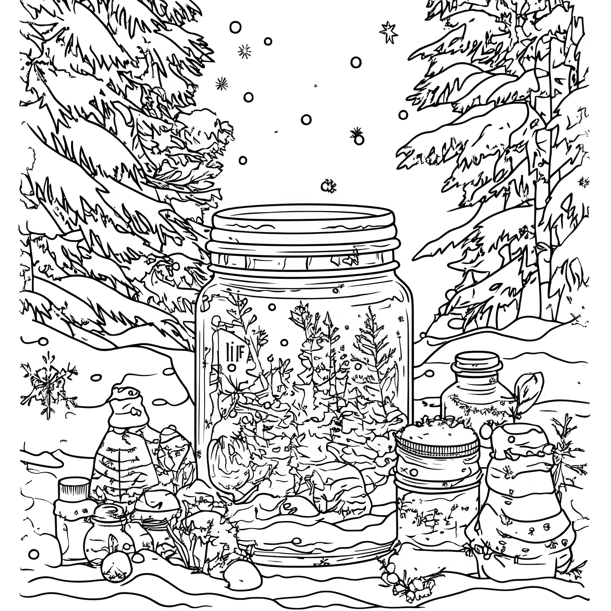 Life In A Jar - Woodland Animals in Wintry Scene Coloring Page (free black-and-white line drawing printable PDF for all, from beginners to advanced learners, including children, teens, adults, and seniors)