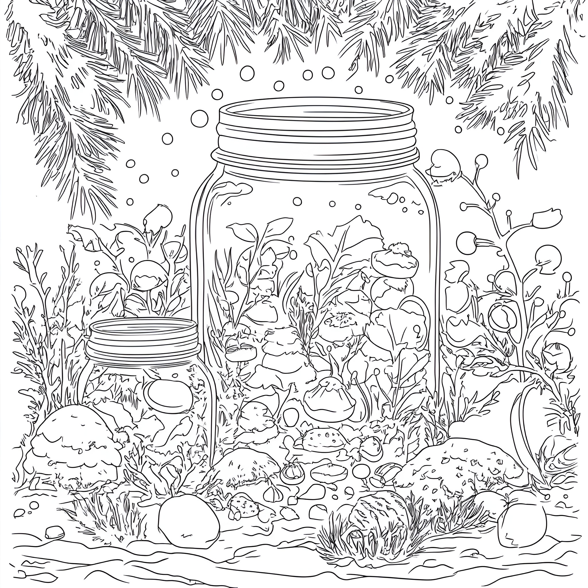 Life In A Jar Filled With Whimsical Creatures Coloring Page (free black-and-white line drawing printable PDF for all, from beginners to advanced learners, including children, teens, adults, and seniors)